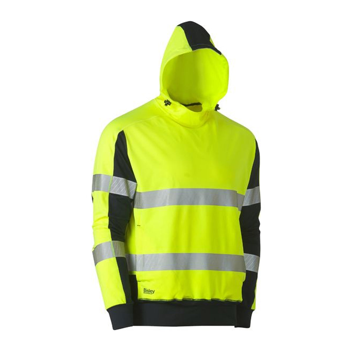 BISLEY TAPED TWO TONE HI VIS CONTRAST 4 WAY STRETCHY HOODIE IN YELLOW NAVY