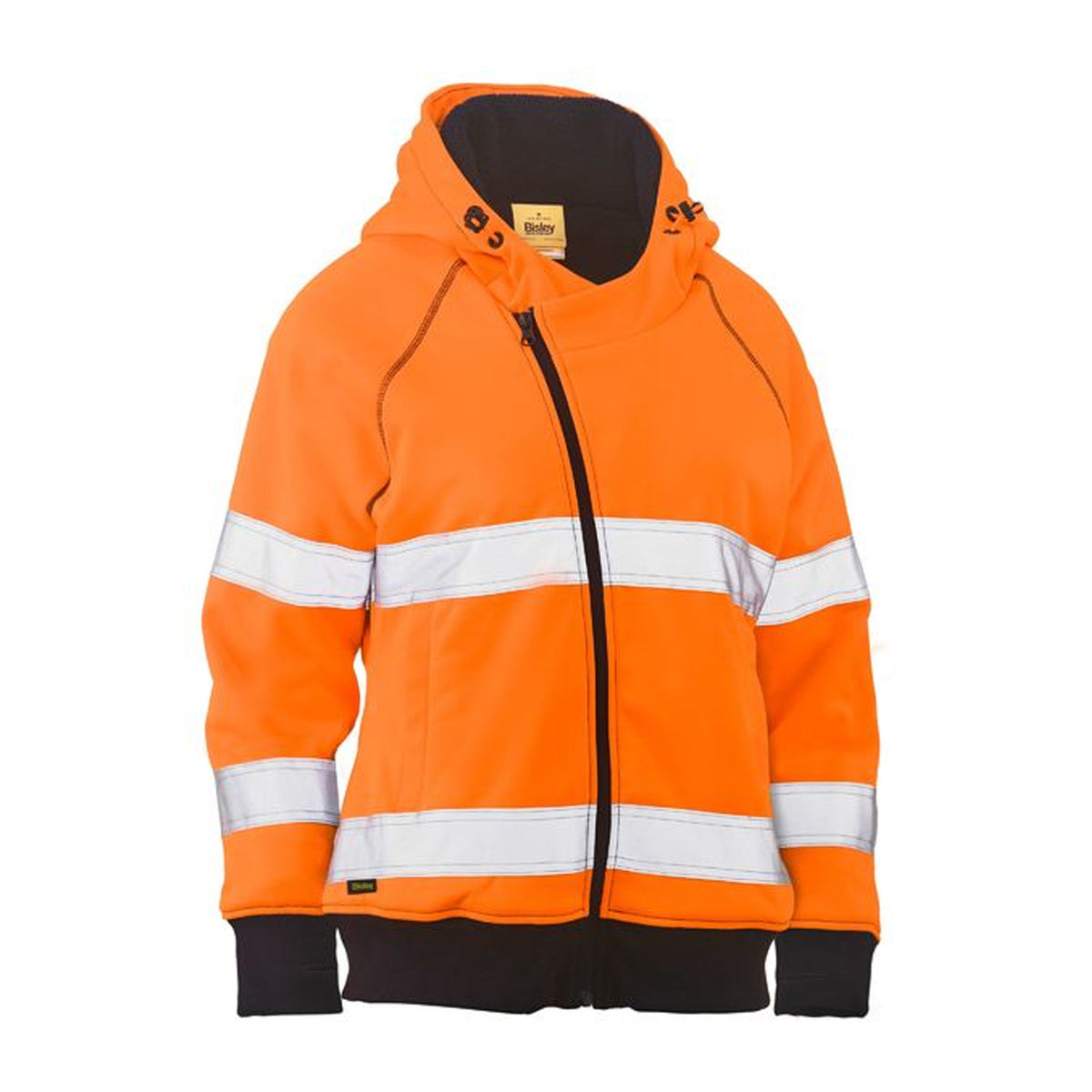 BISLEY WOMENS TAPED HI VIS FLEECE ZIP FRONT HOODIE IN ORANGE
