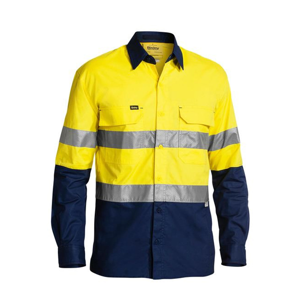 BISLEY X AIRFLOW TAPED HI VIS RIPSTOP SHIRT IN YELLOW NAVY