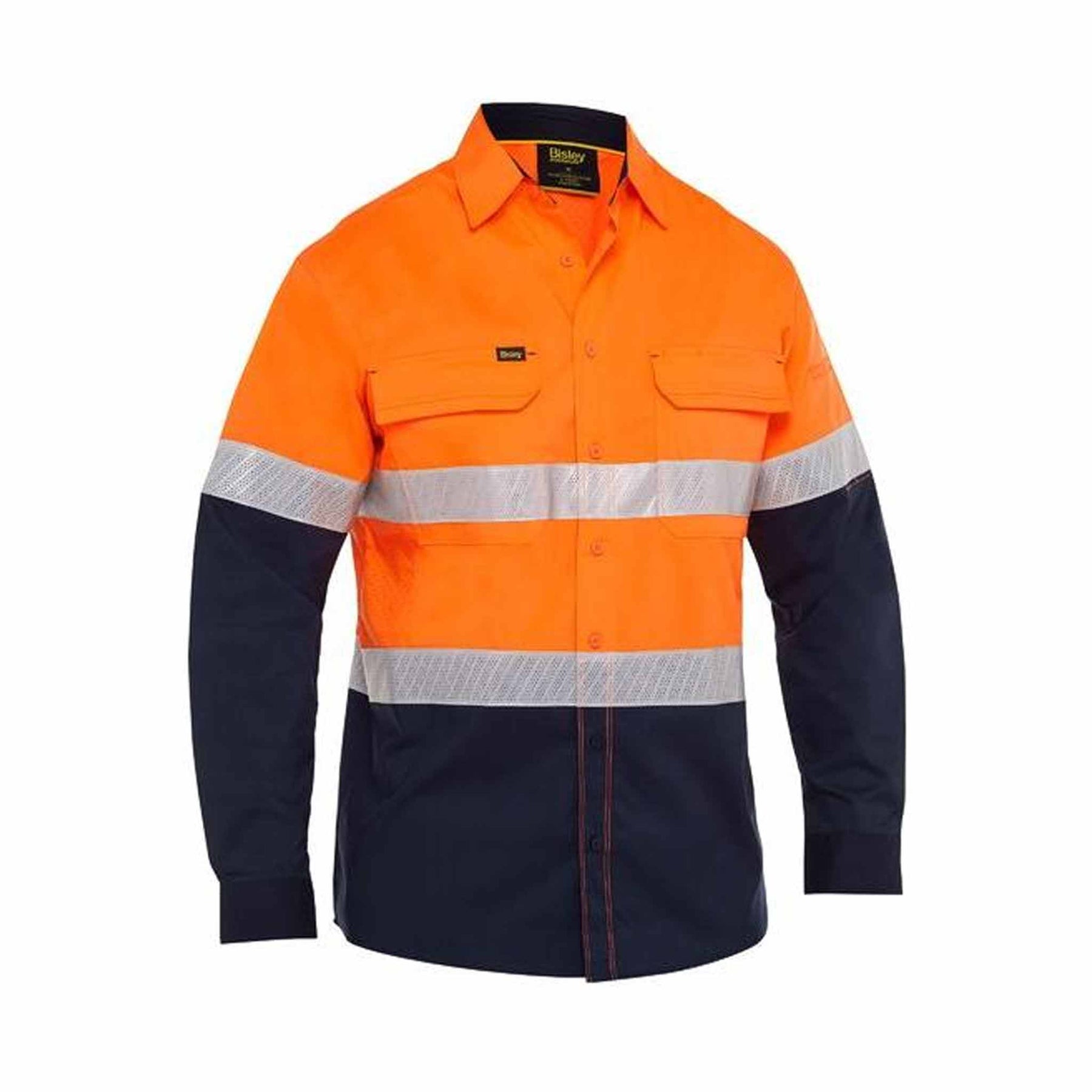 bisley x airflow hi vis taped stretch ripstop shirt in orange navy