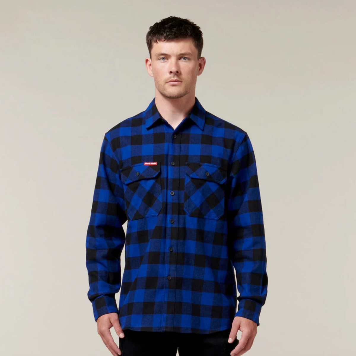 HARD YAKKA LONG SLEEVE CHECK FLANNEL COTTON WORK SHIRT IN BLUE
