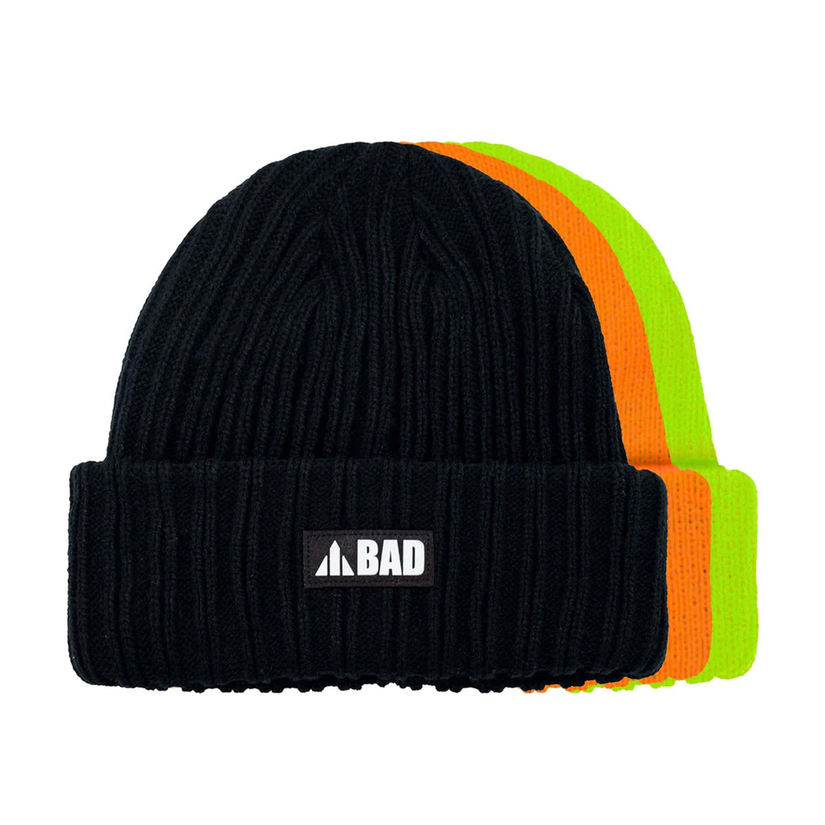 bad workwear cable beanies in black orange and yellow