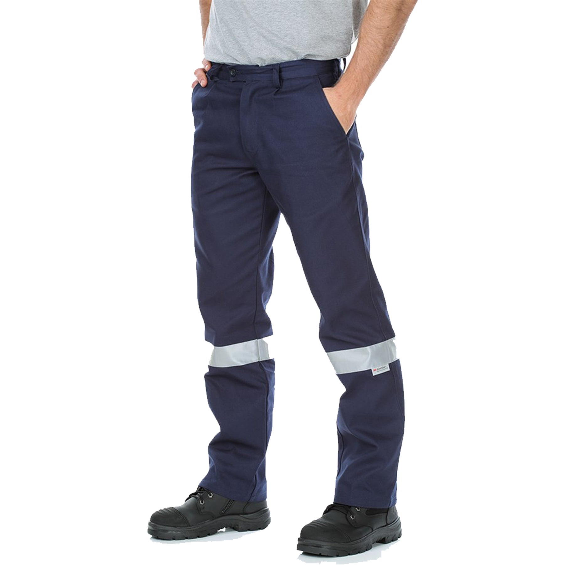 regular cotton drill work pants with reflective tape in navy