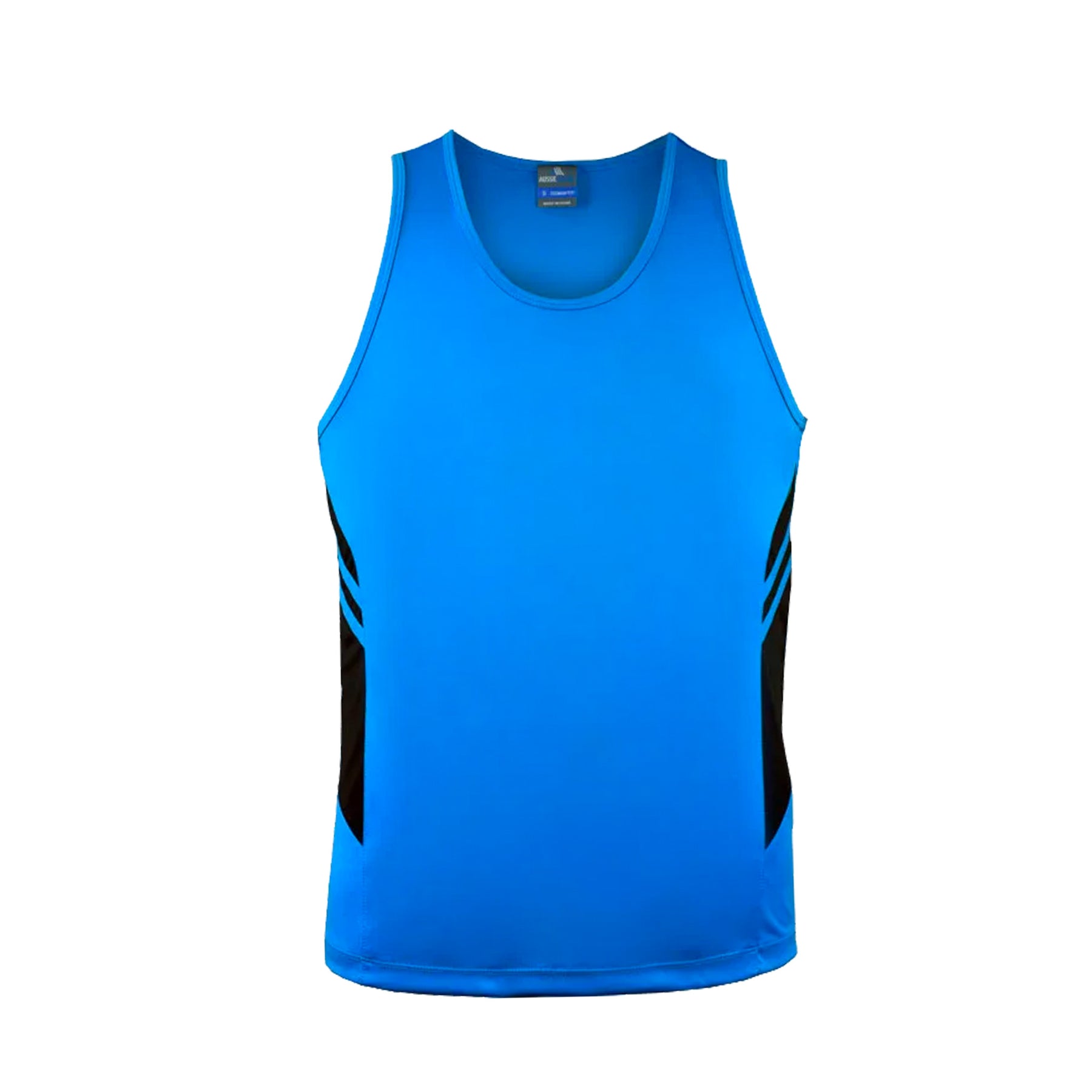 tasman mens singlets in cyan black