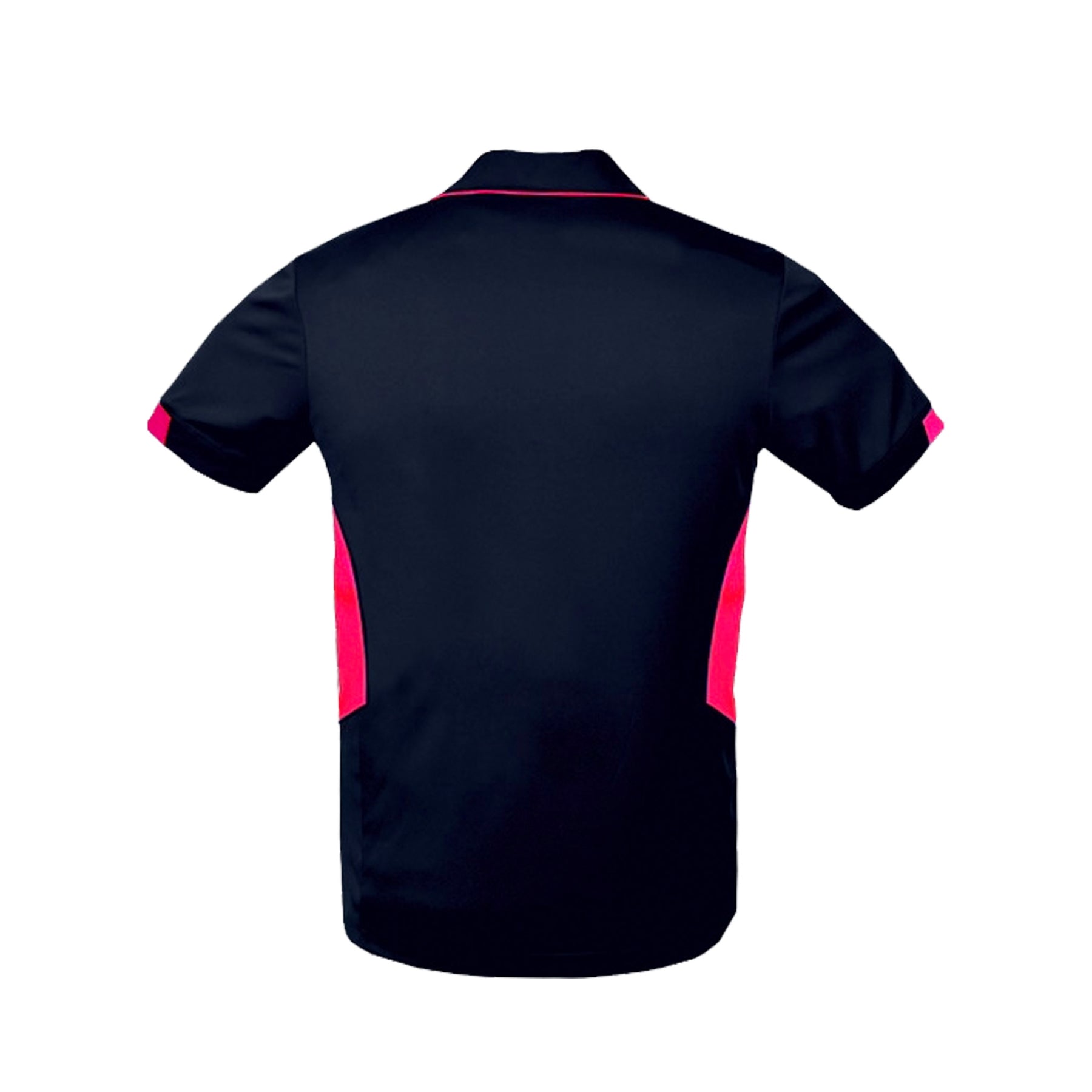 back of mens tasman polo in navy neon pink