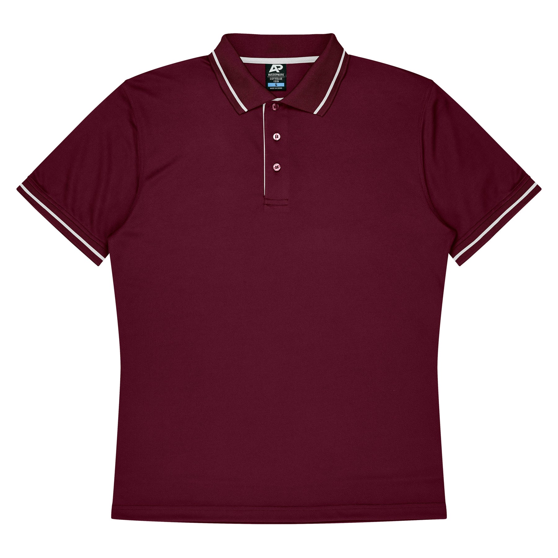 aussie pacific cottesloe mens polo in maroon white