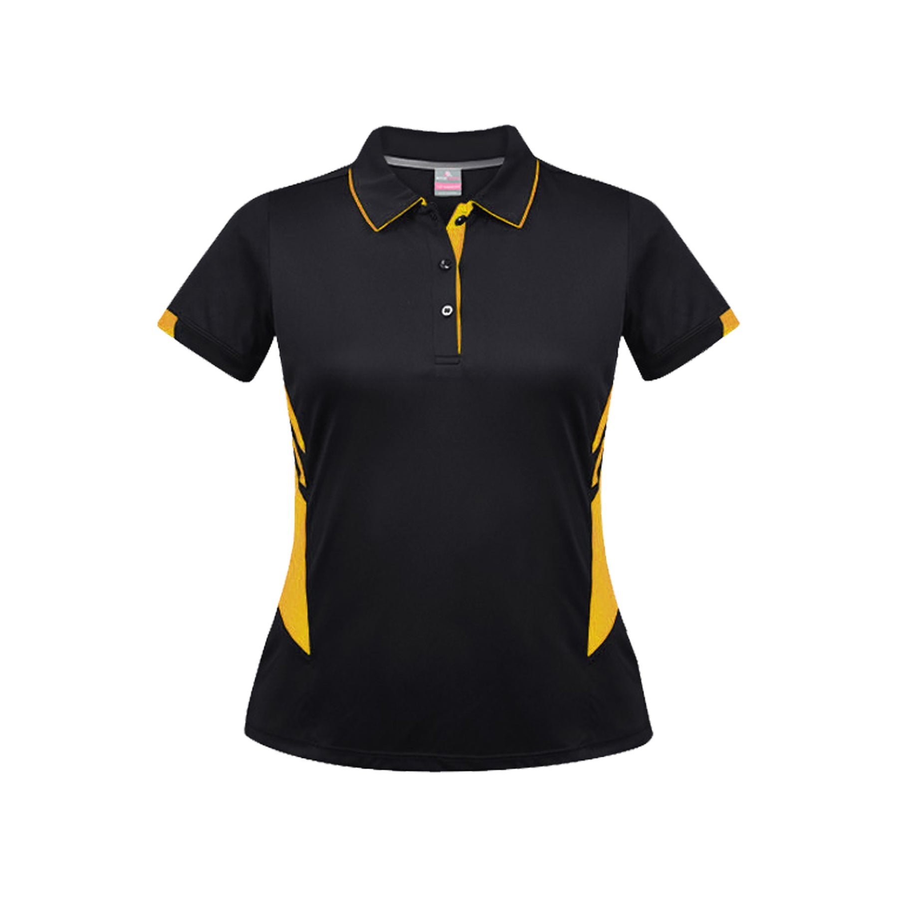 tasman ladies polos in black gold