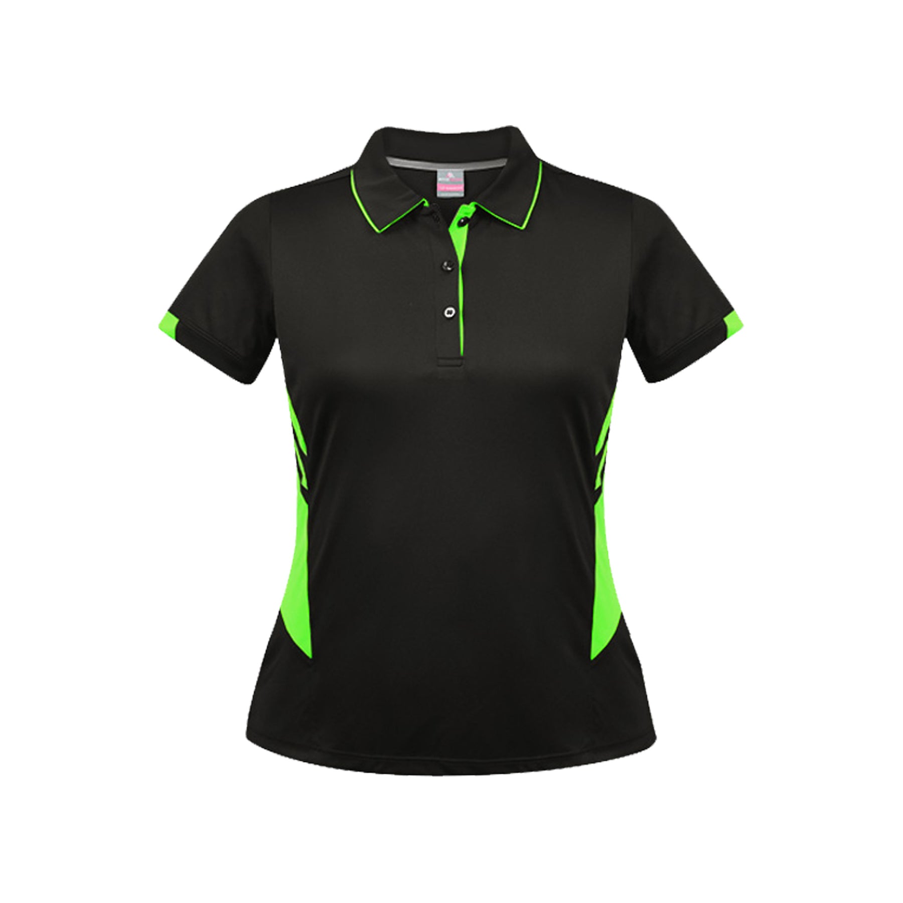 tasman ladies polos in black neon green