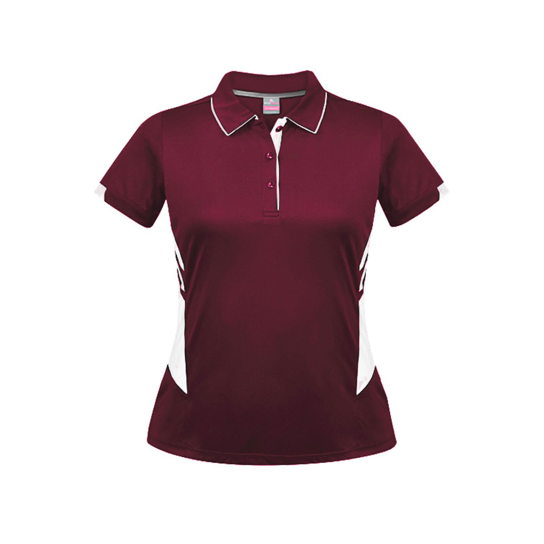 ladies tasman polo in maroon white