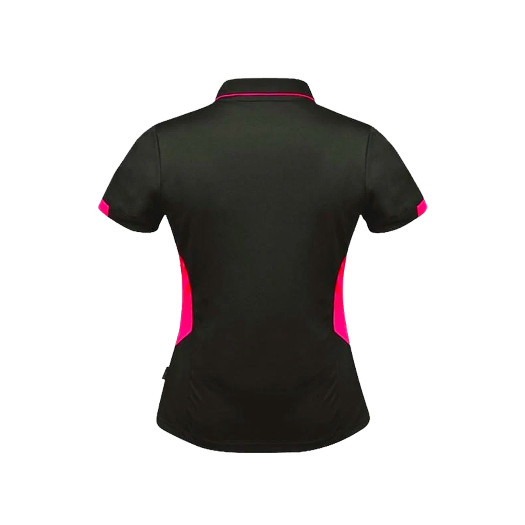 back of ladies tasman polo in slate neon pink