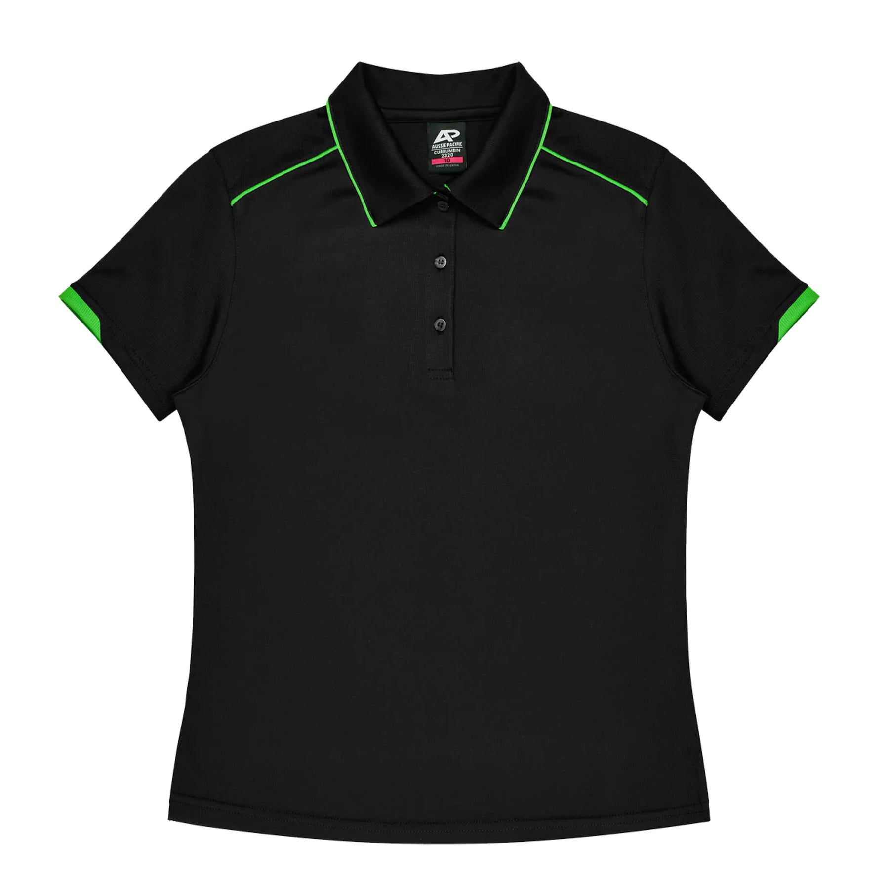 currumbin ladies polo in black kawa green