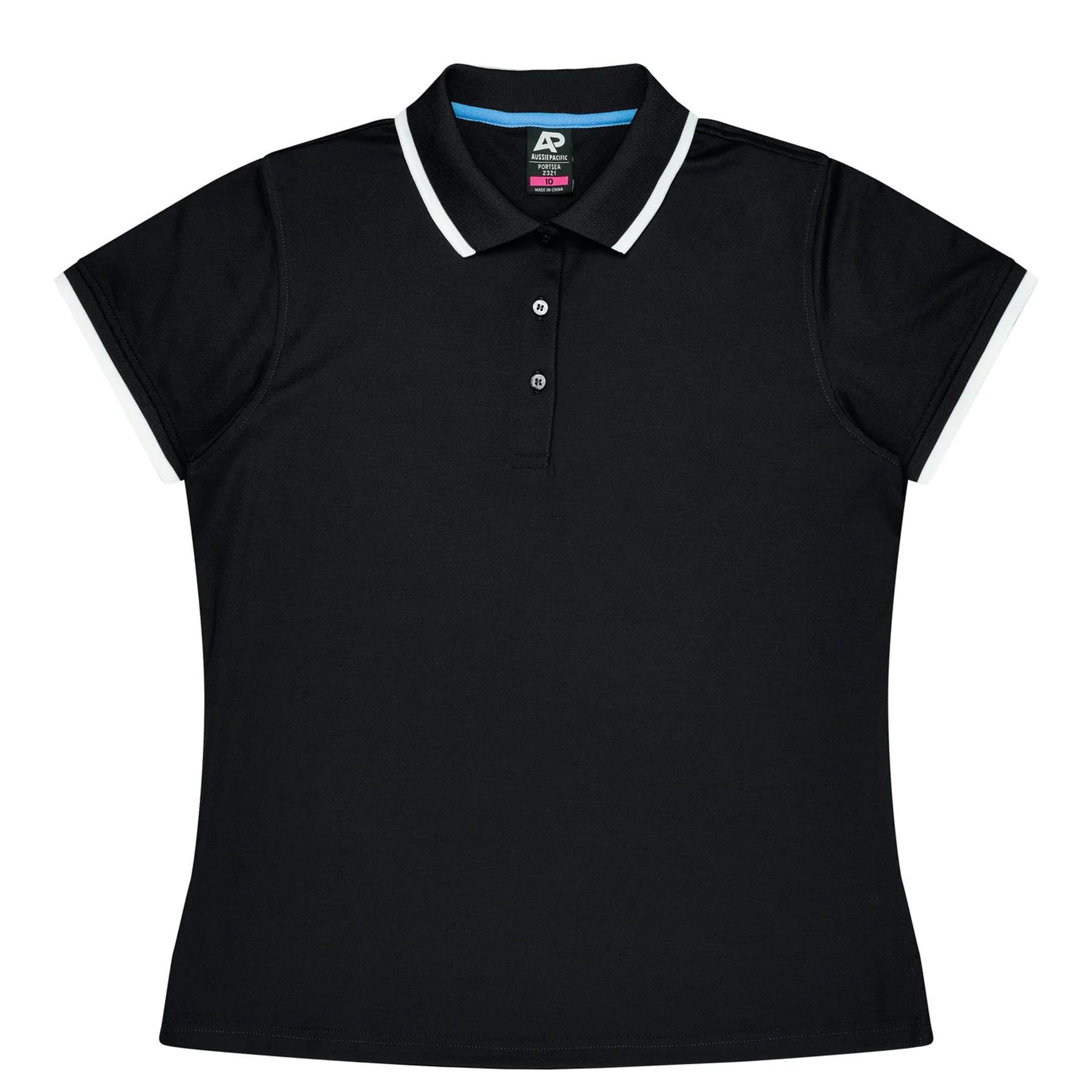 aussie pacific portsea ladies polo in black white