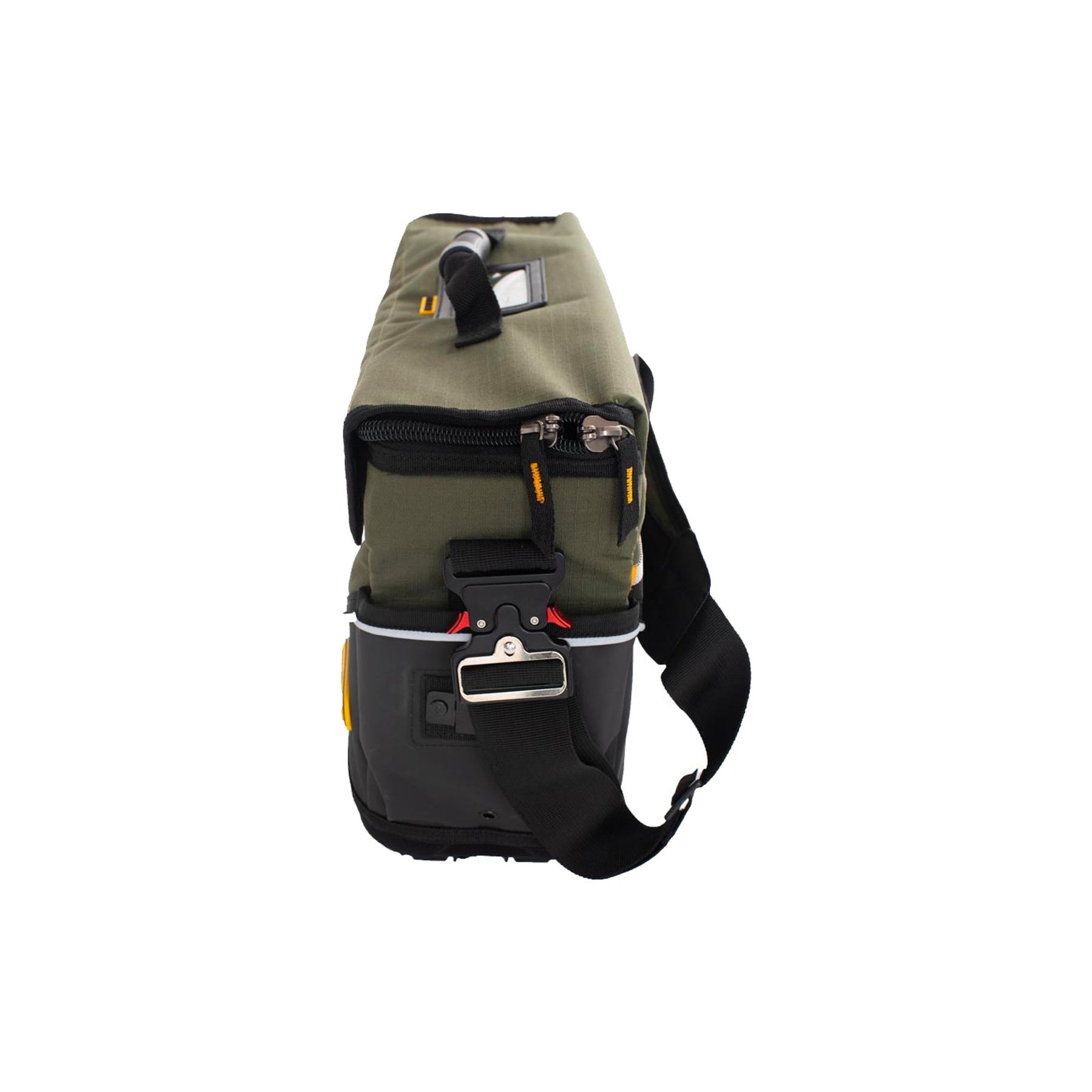 side of green and black medium deluxe canvas tool bag