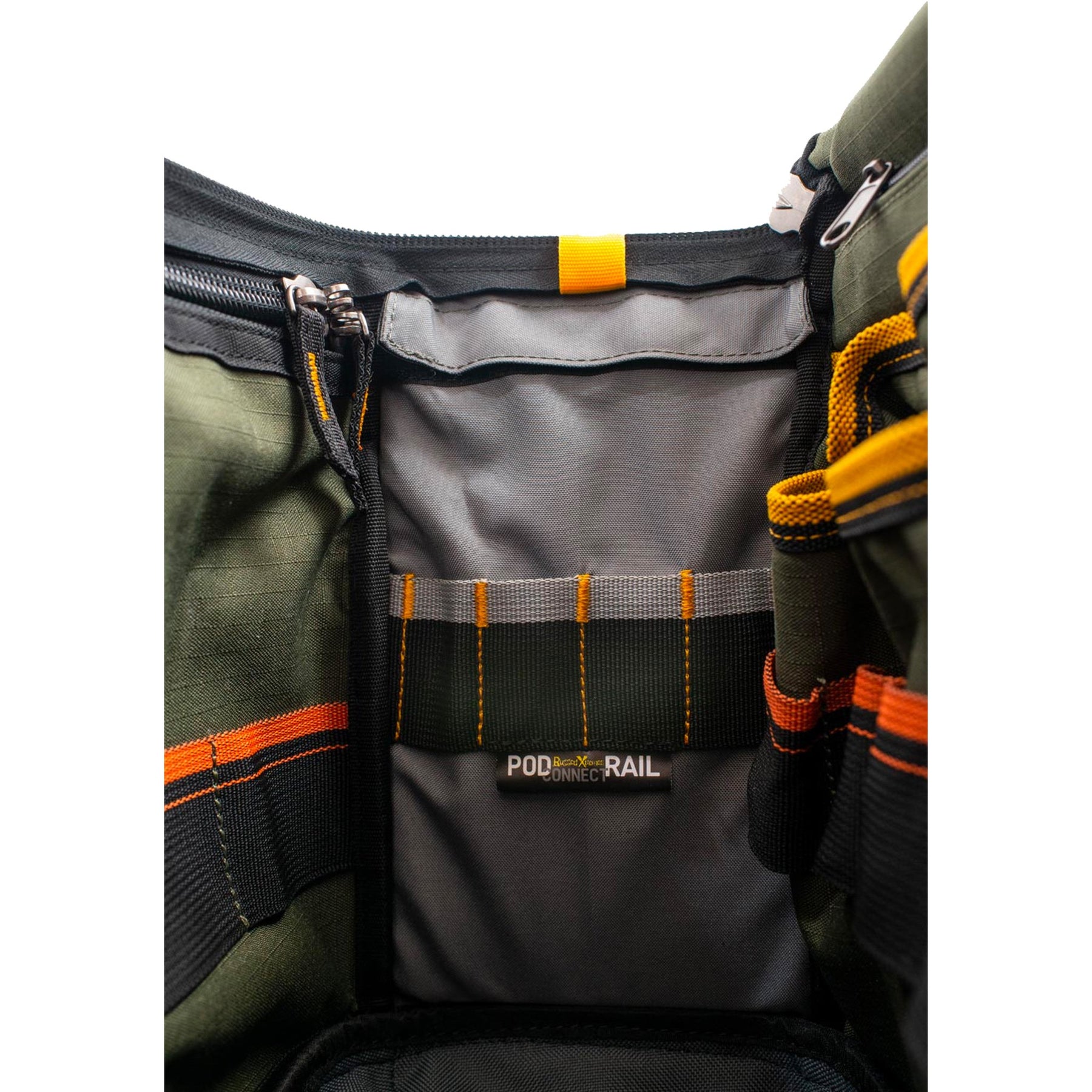 inside of green and black medium deluxe canvas tool bag