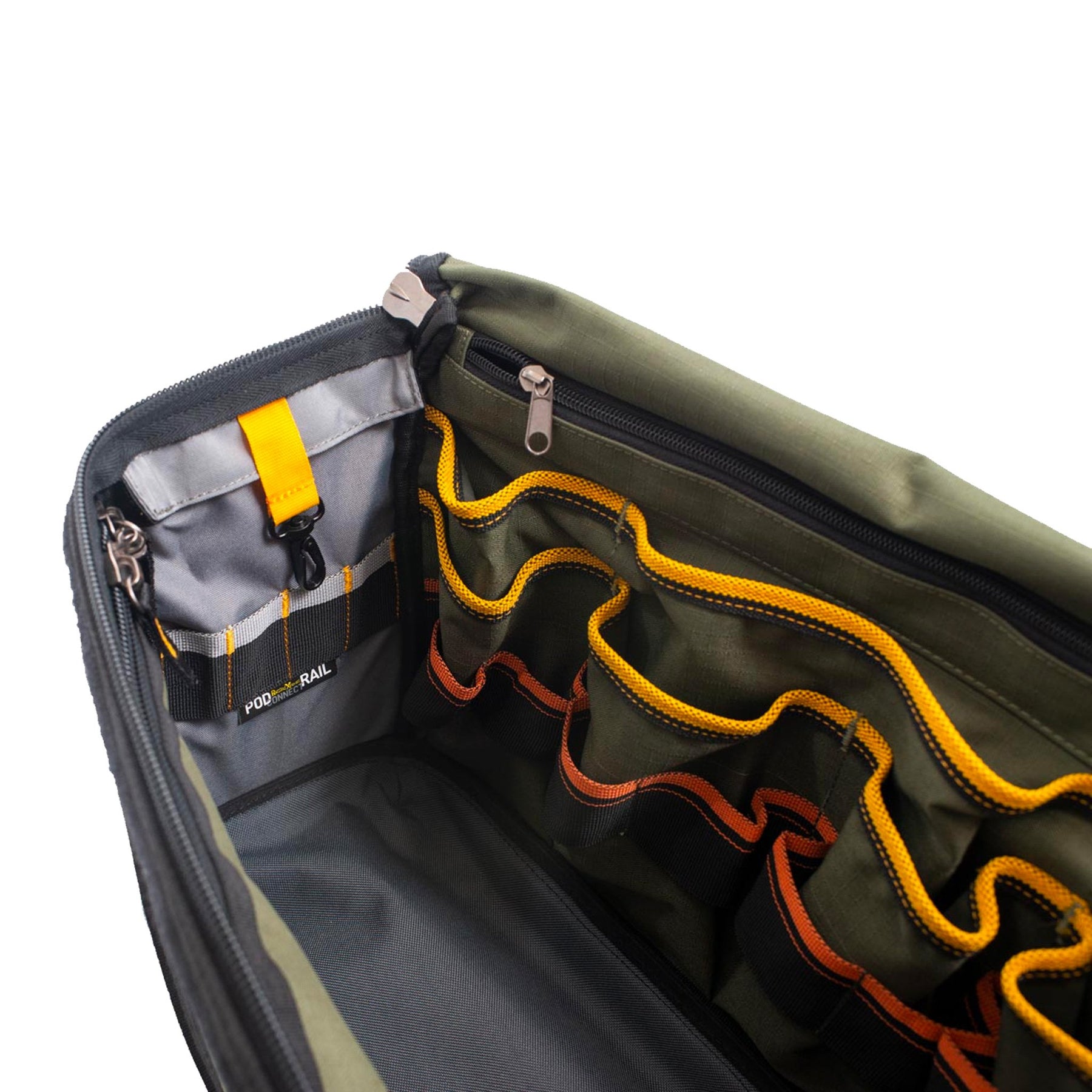 inside of green and black medium deluxe canvas tool bag