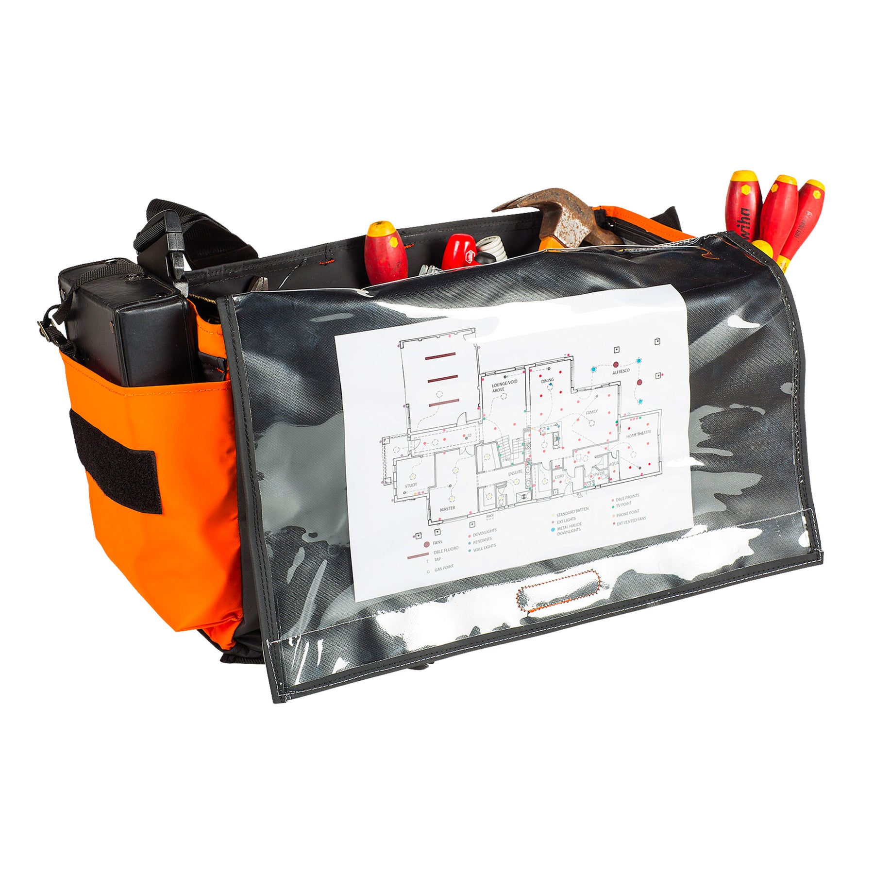 orange/black utility tool bag clear document pocket