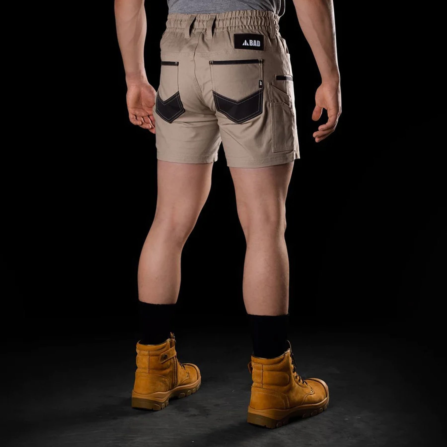 bad saviour pro elastic waist work short shorts in khaki