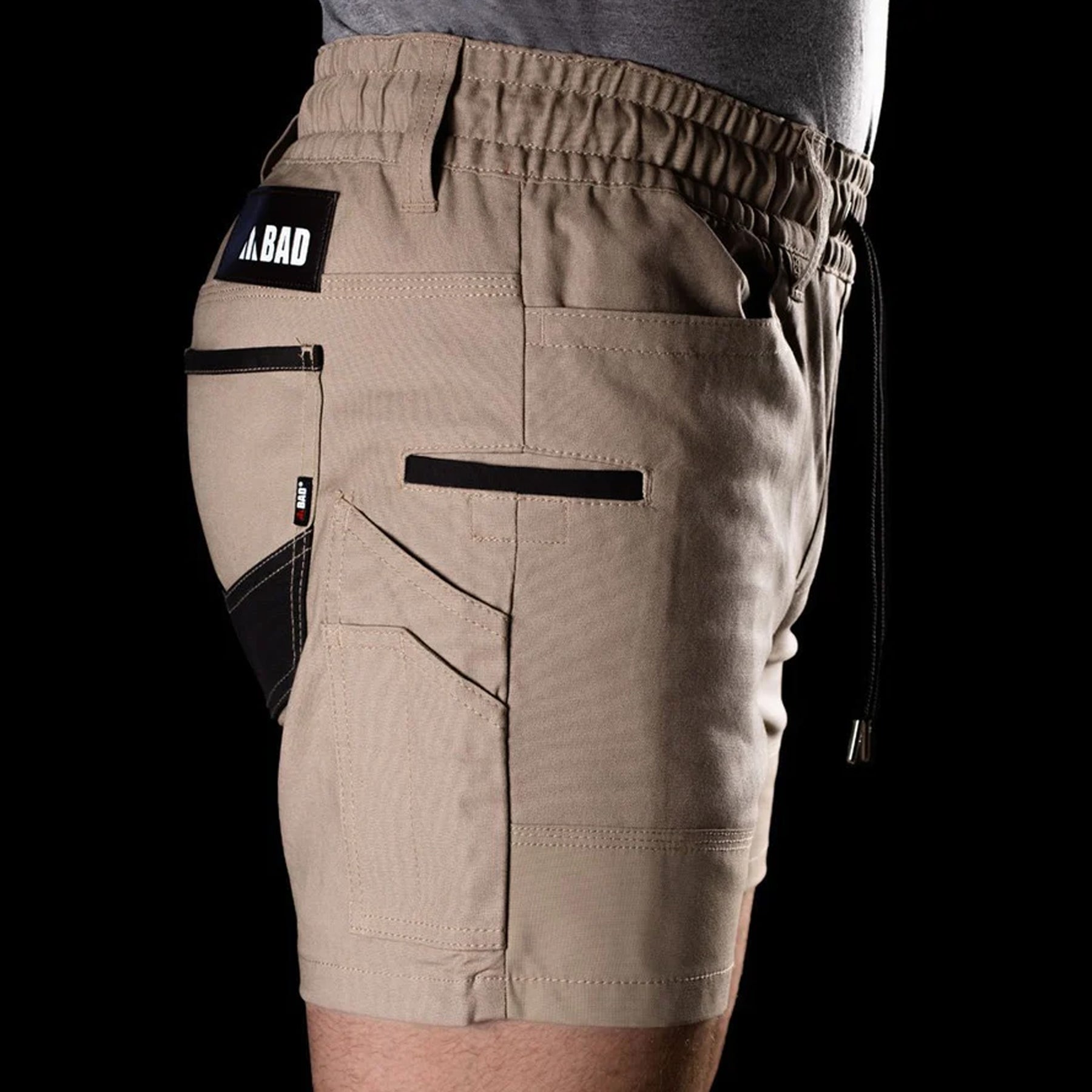 bad saviour pro elastic waist work short shorts in khaki