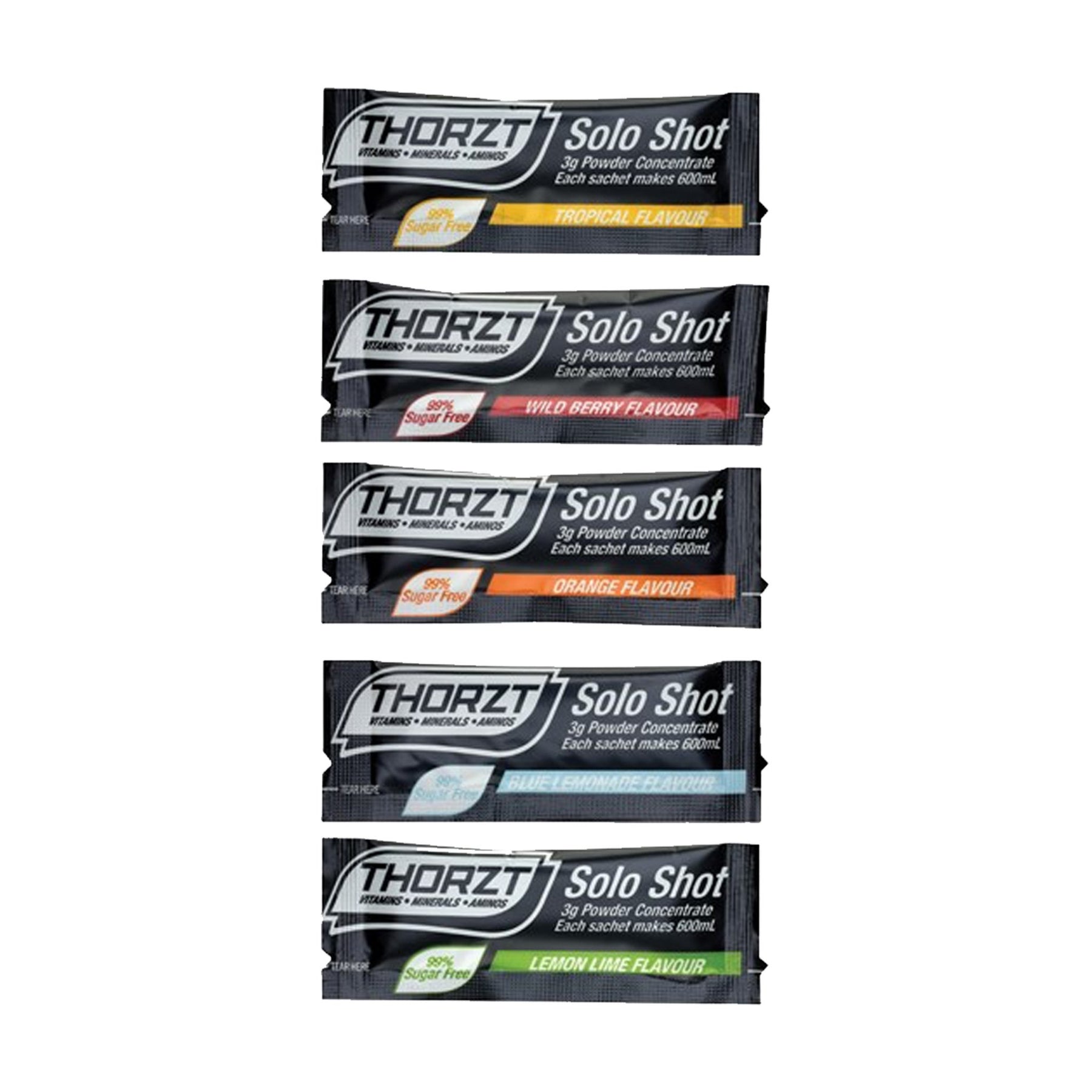 thortz sugar free solo shots in tropical, wild berry, orange, blue lemonade and lemon lime