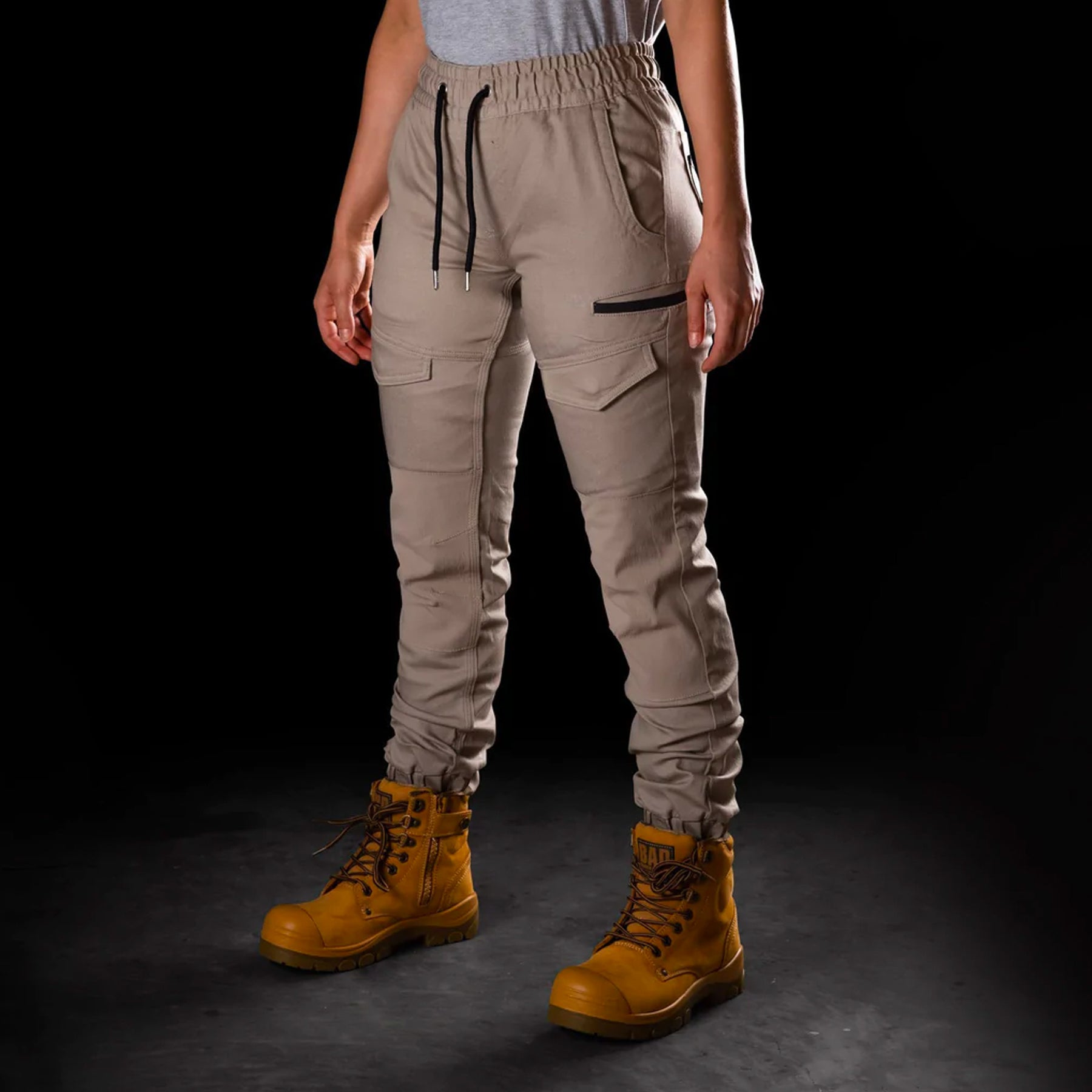 bad saviour womens cuffed elastic waist work pants in khaki