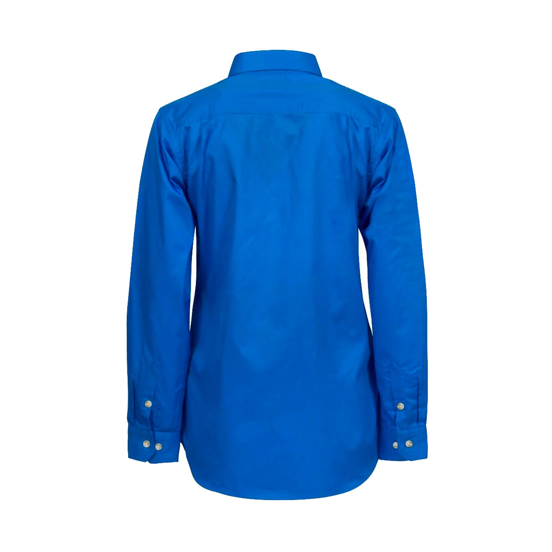 back of ladies long sleeve lightweight half placket shirt in cobalt blue