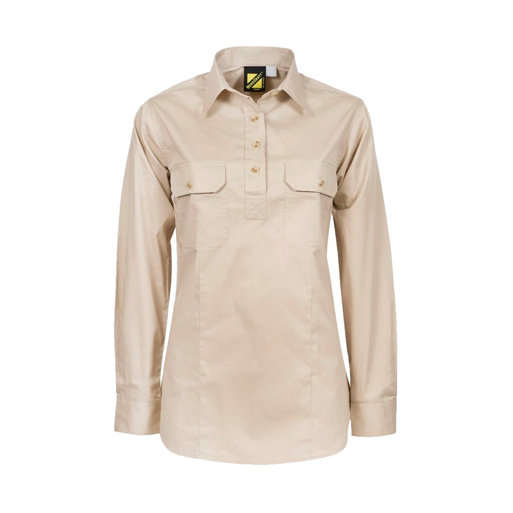 ladies long sleeve lightweight half placket shirt in cream