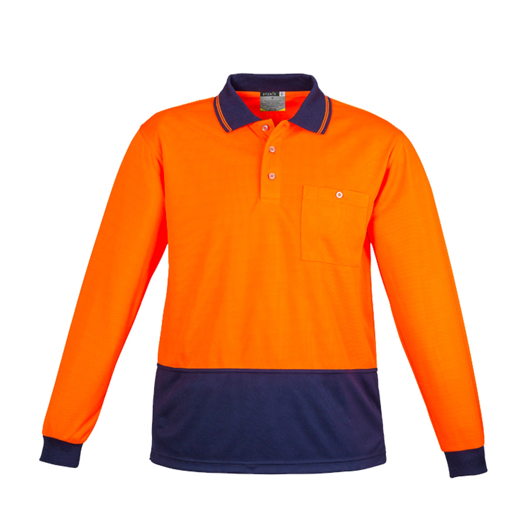 syzmik orange navy hi vis basic spliced long sleeve polo