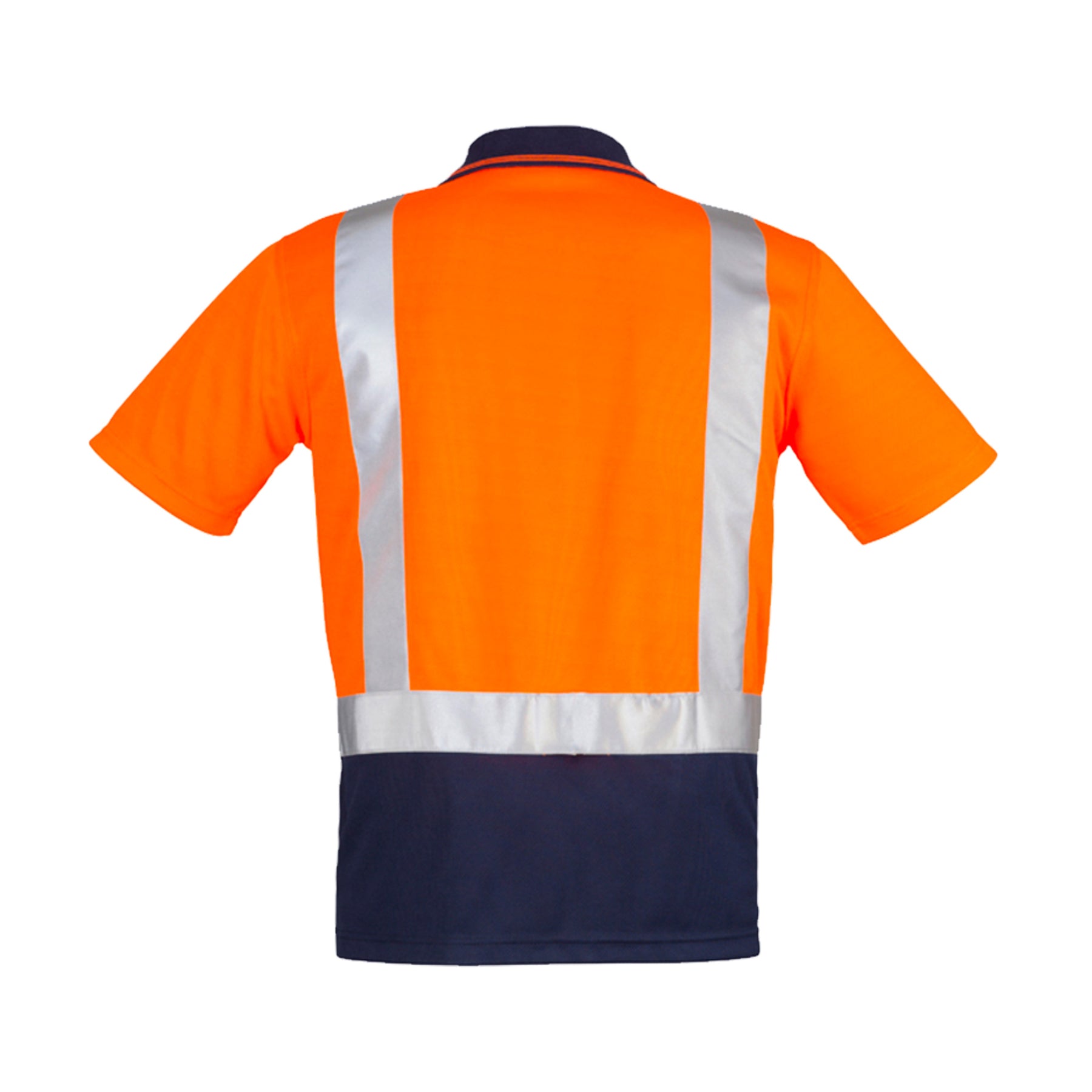 back of hi vis short sleeve spliced polo shoulder taped in orange navy