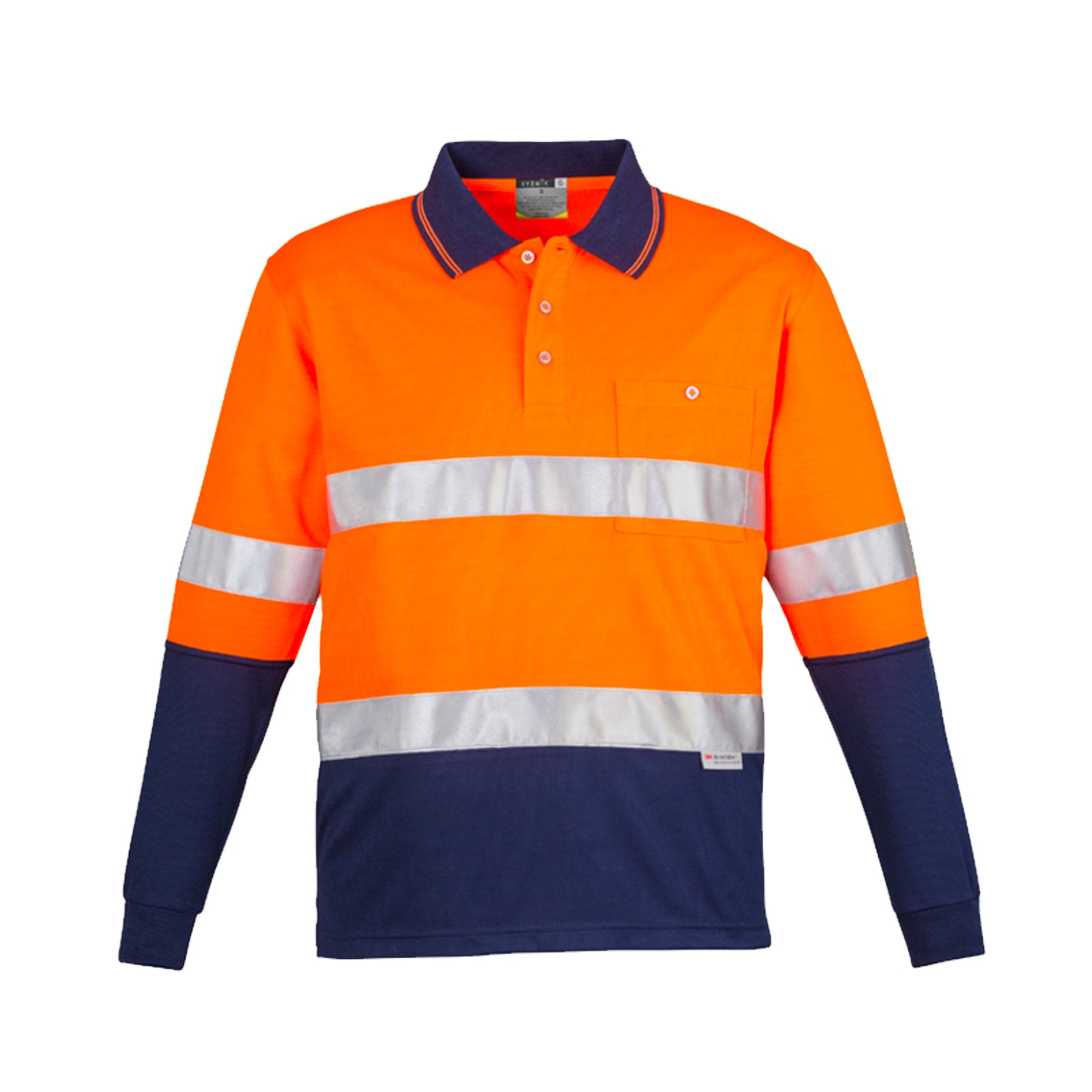 hi vis long sleeve spliced polo hoop taped in orange navy