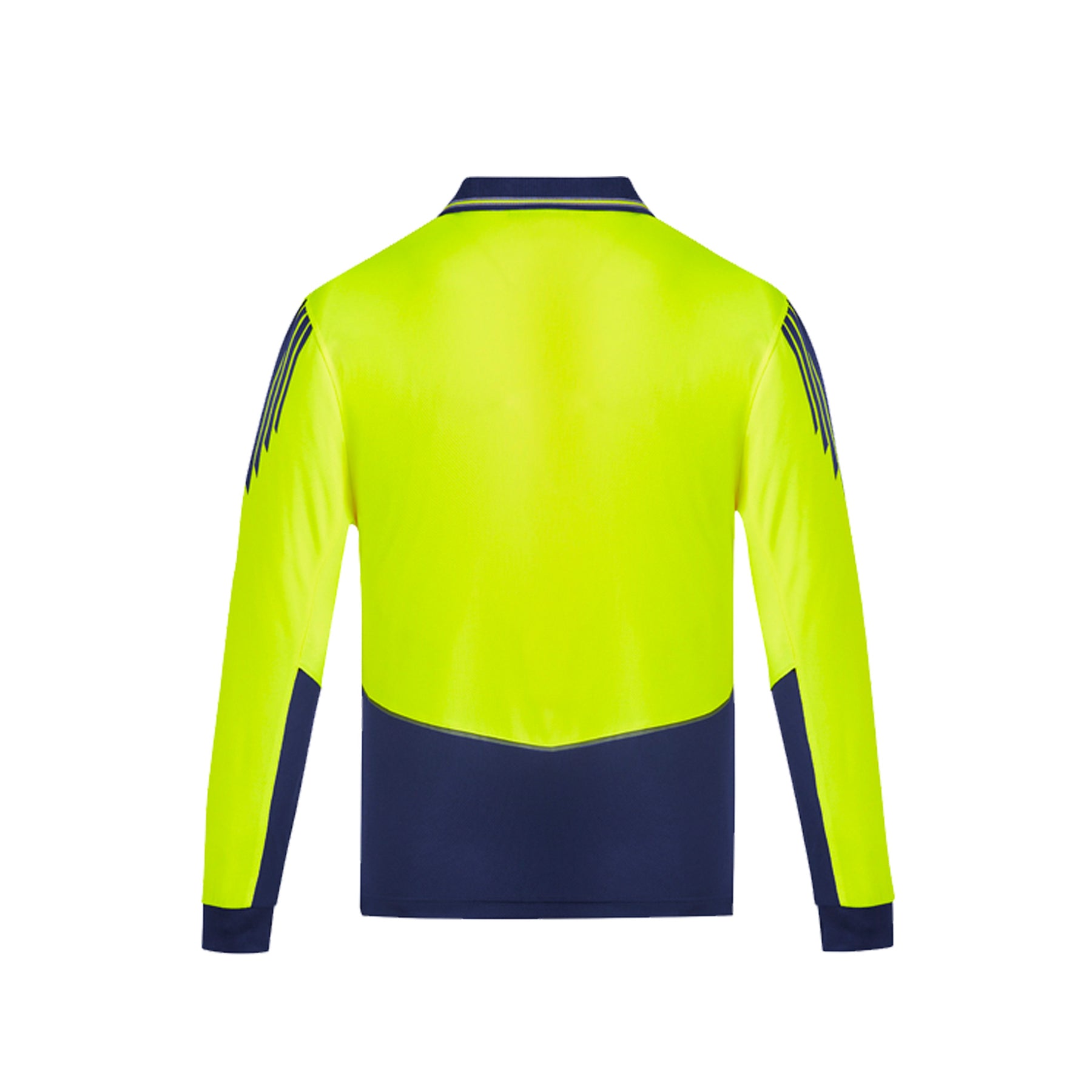 back of yellow navy hi vis flux long sleeve polo