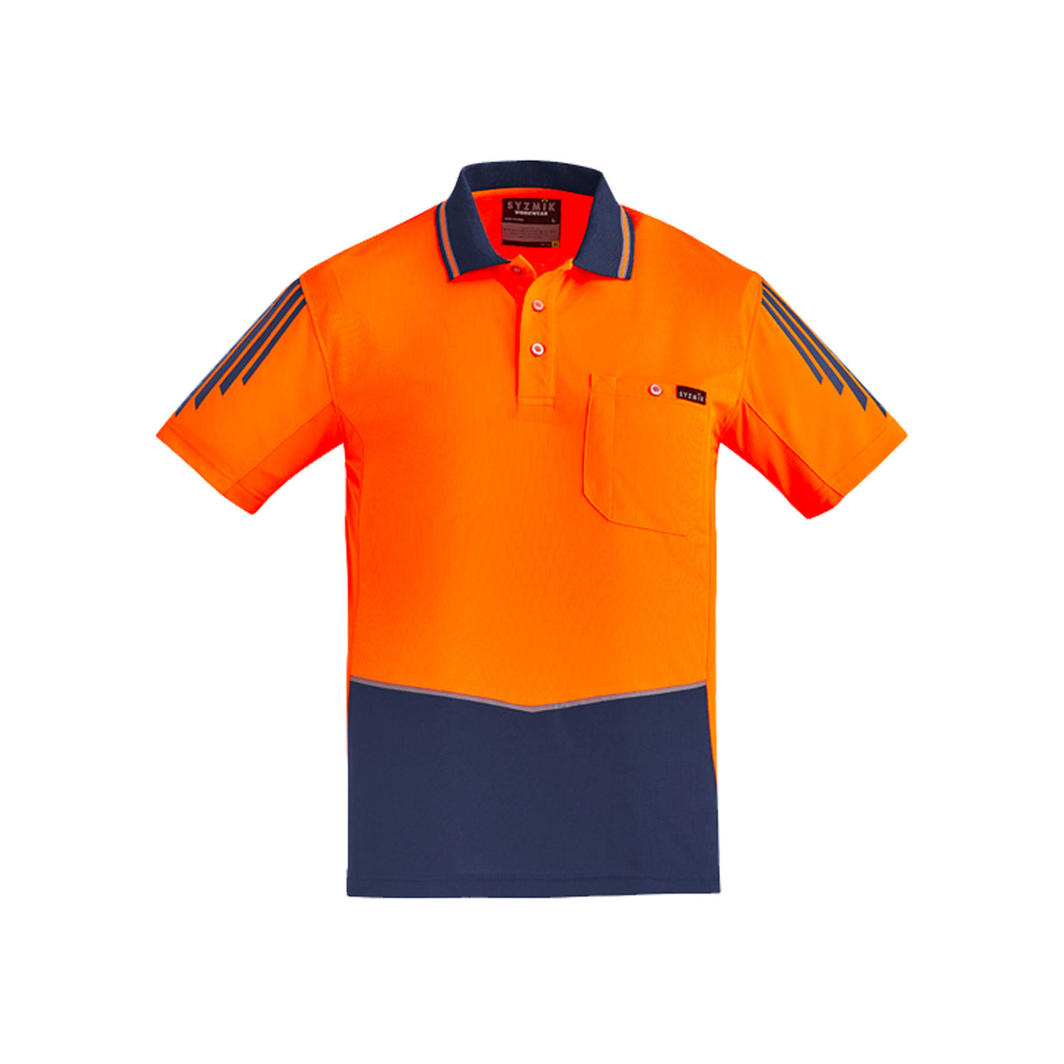 orange navy hi vis flux short sleeve polo