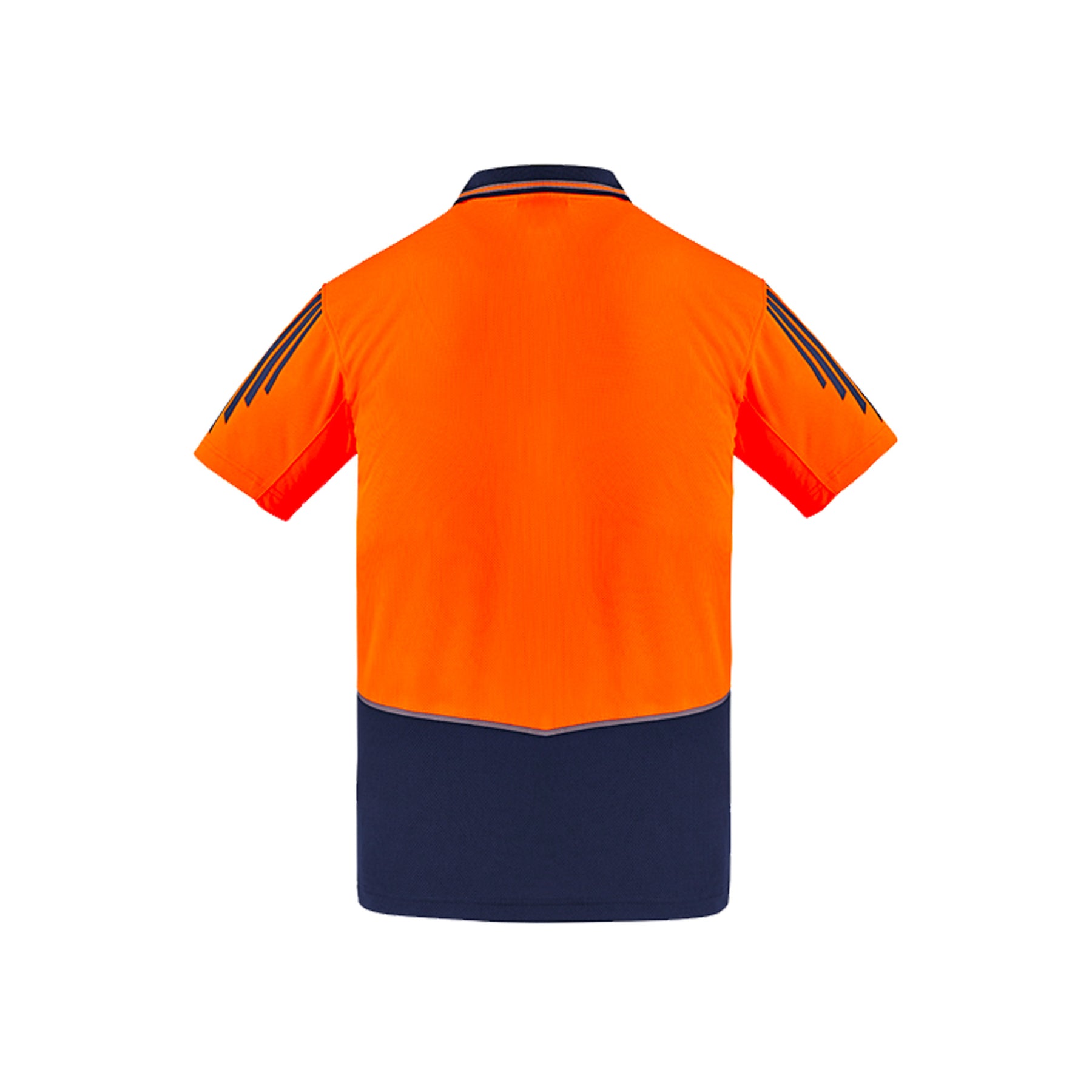 back of orange navy hi vis flux short sleeve polo