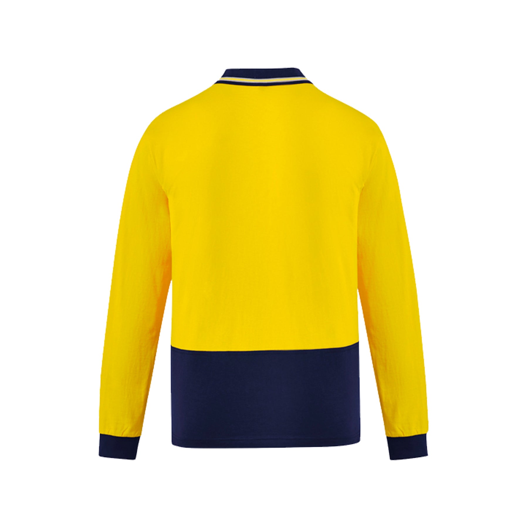 back of hi vis cotton long sleeve polo in yellow navy