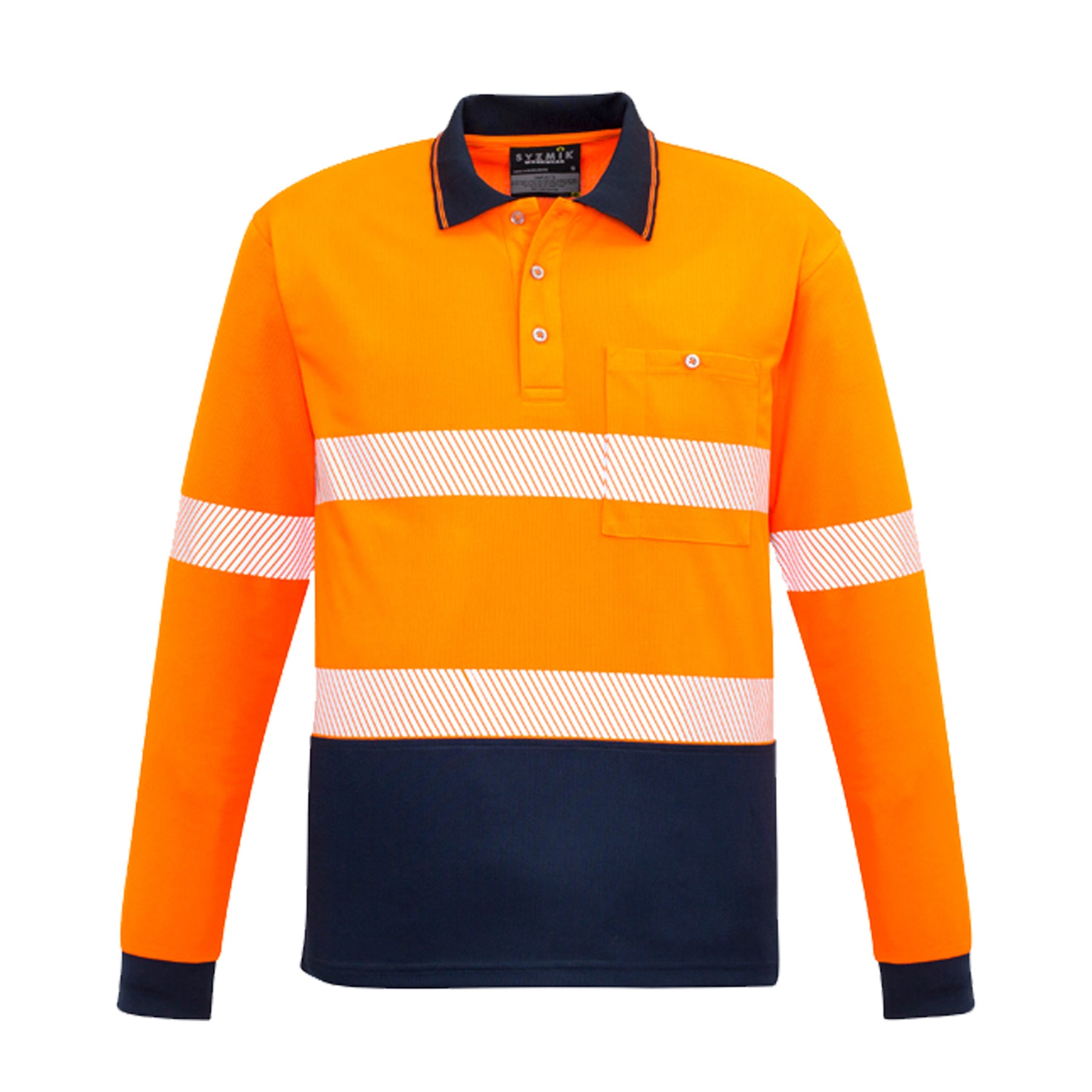 unisex hi vis segmented long sleeve polo hoop taped shirt in orange navy