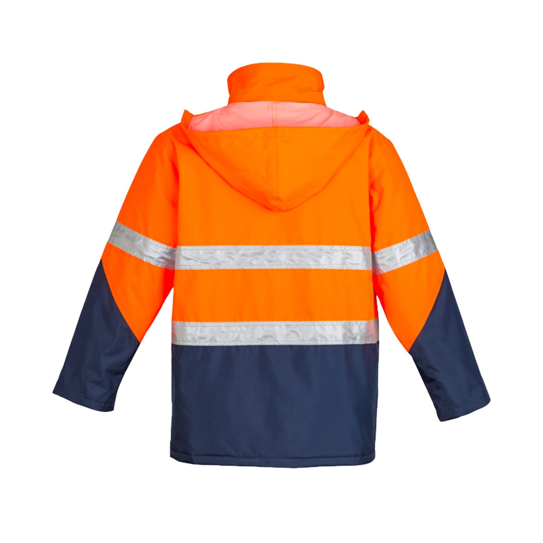 syzmik back of hi vis storm jacket in orange navy with hood