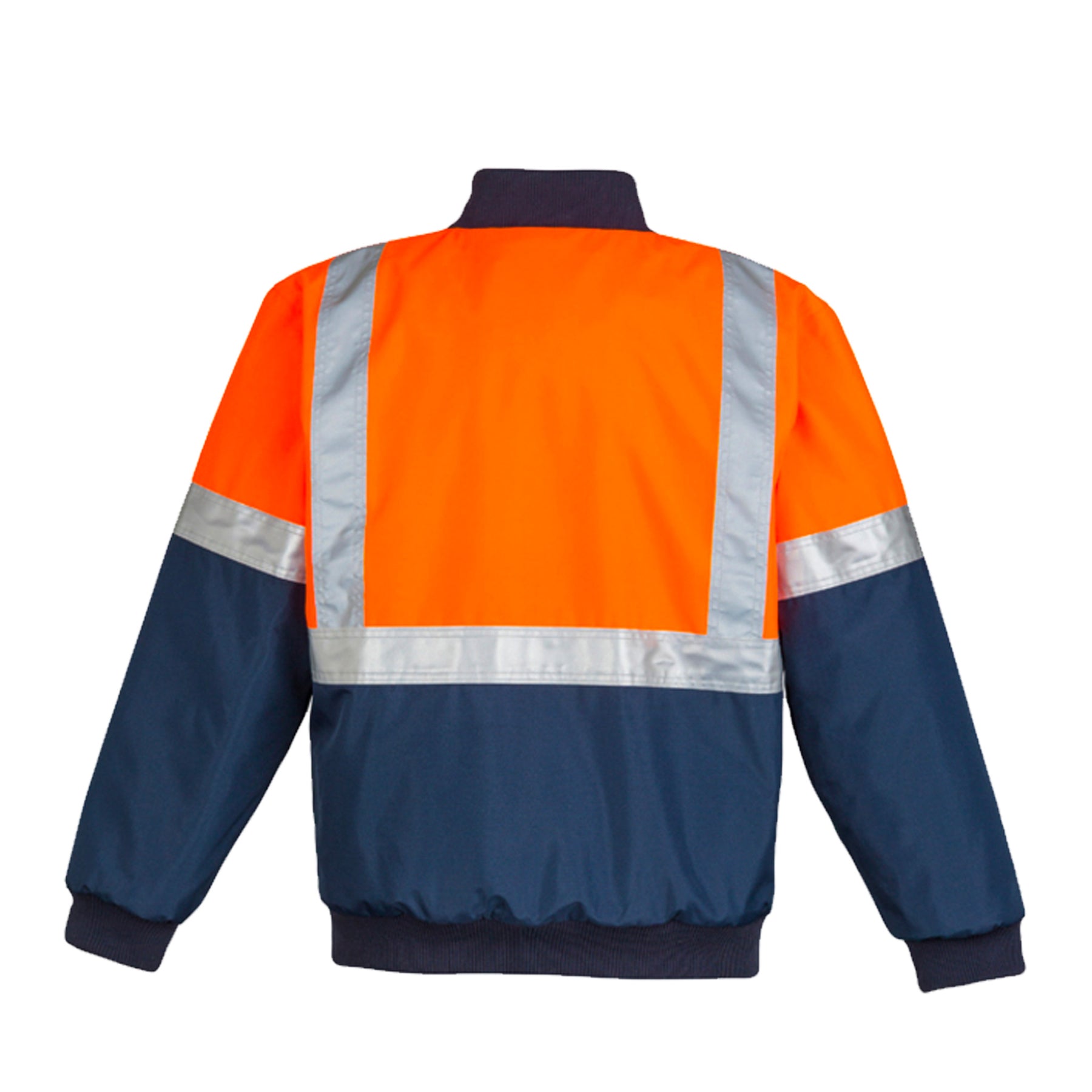 syzmik back of orange navy hi vis quilted flying jacket