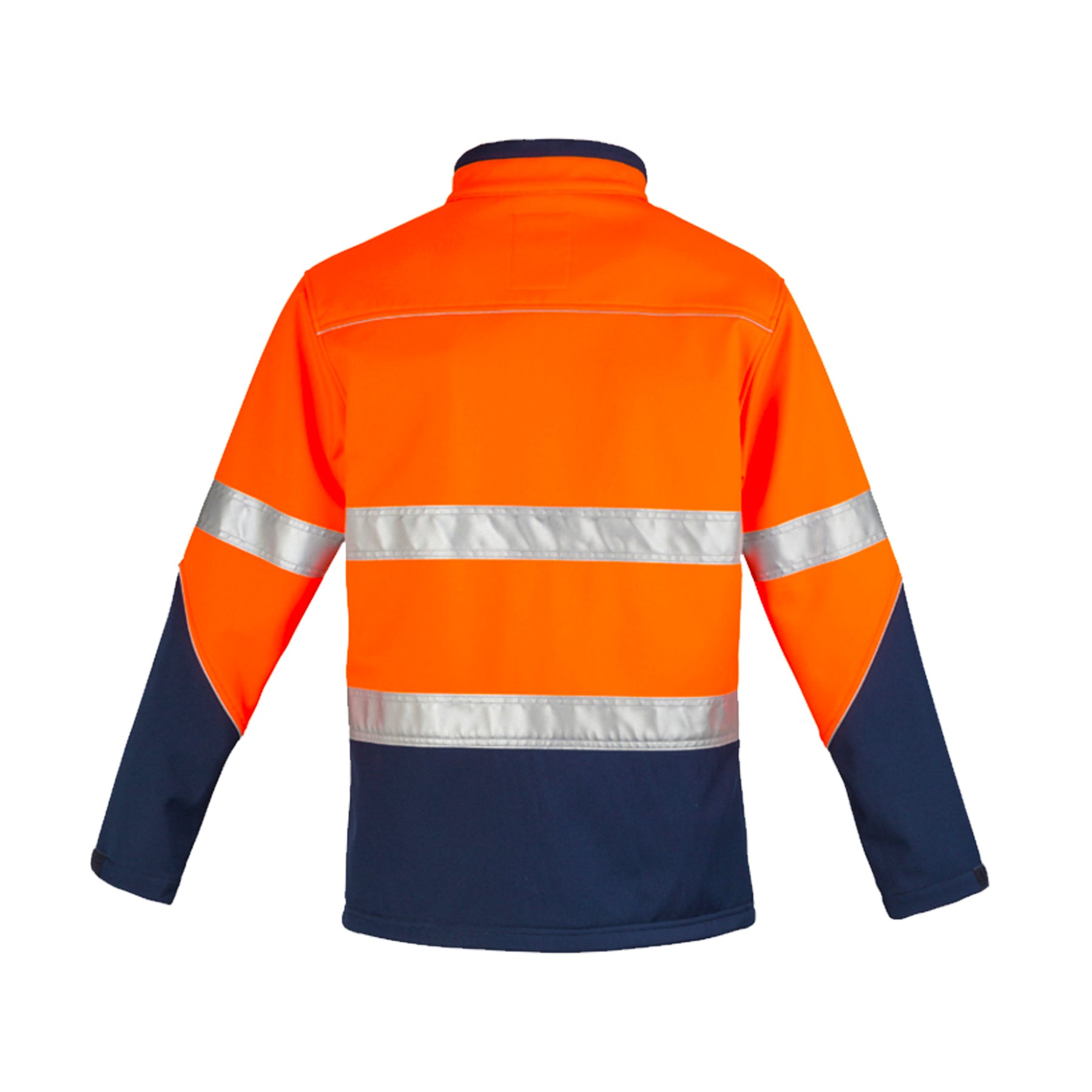 syzmik back of hi vis soft shell jacket in orange navy