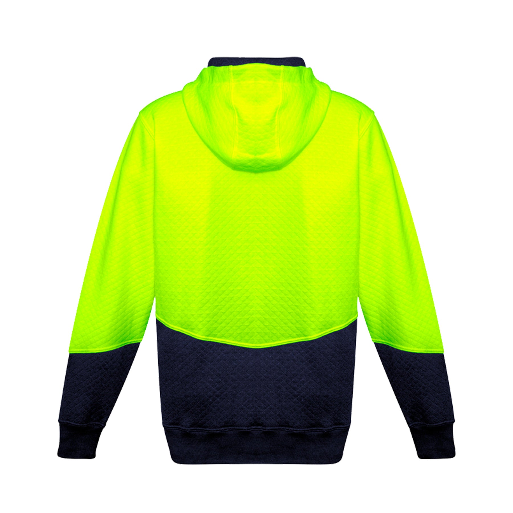 back of yellow navy hi vis textured jacquard hoodie