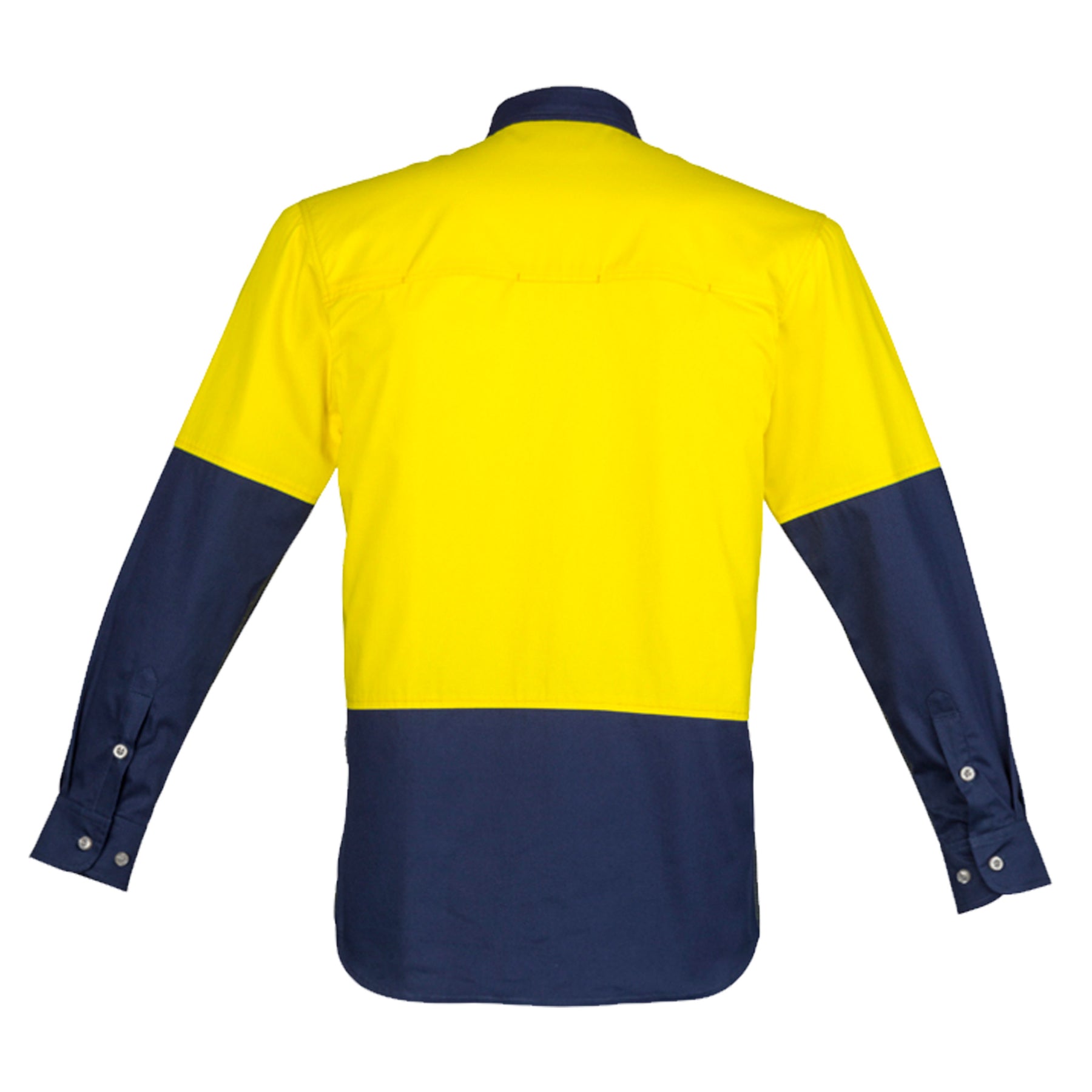 back of mens hi vis spliced long sleeve shirt in yellow navy