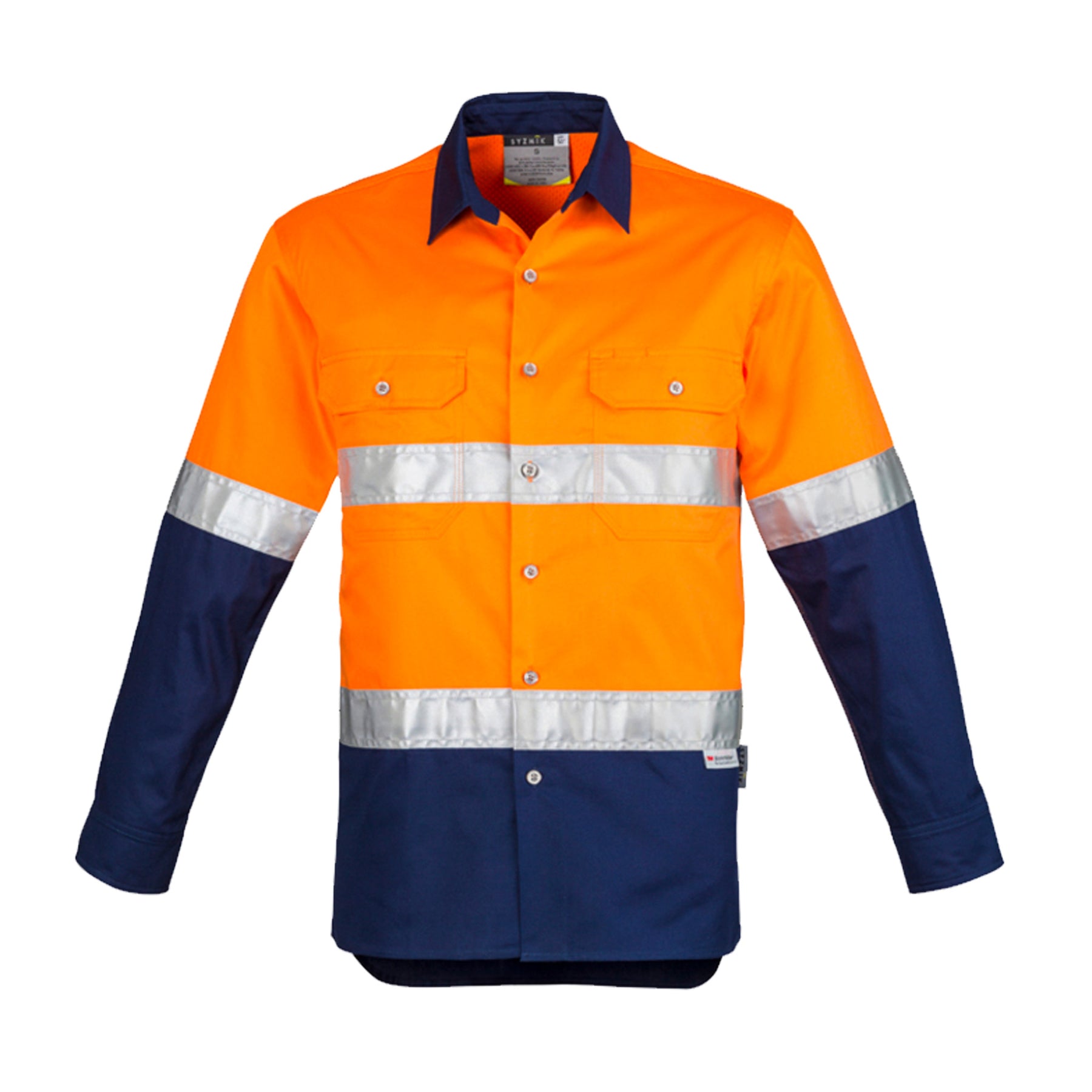 mens hi vis spliced hoop taped industrial shirt in orange navy