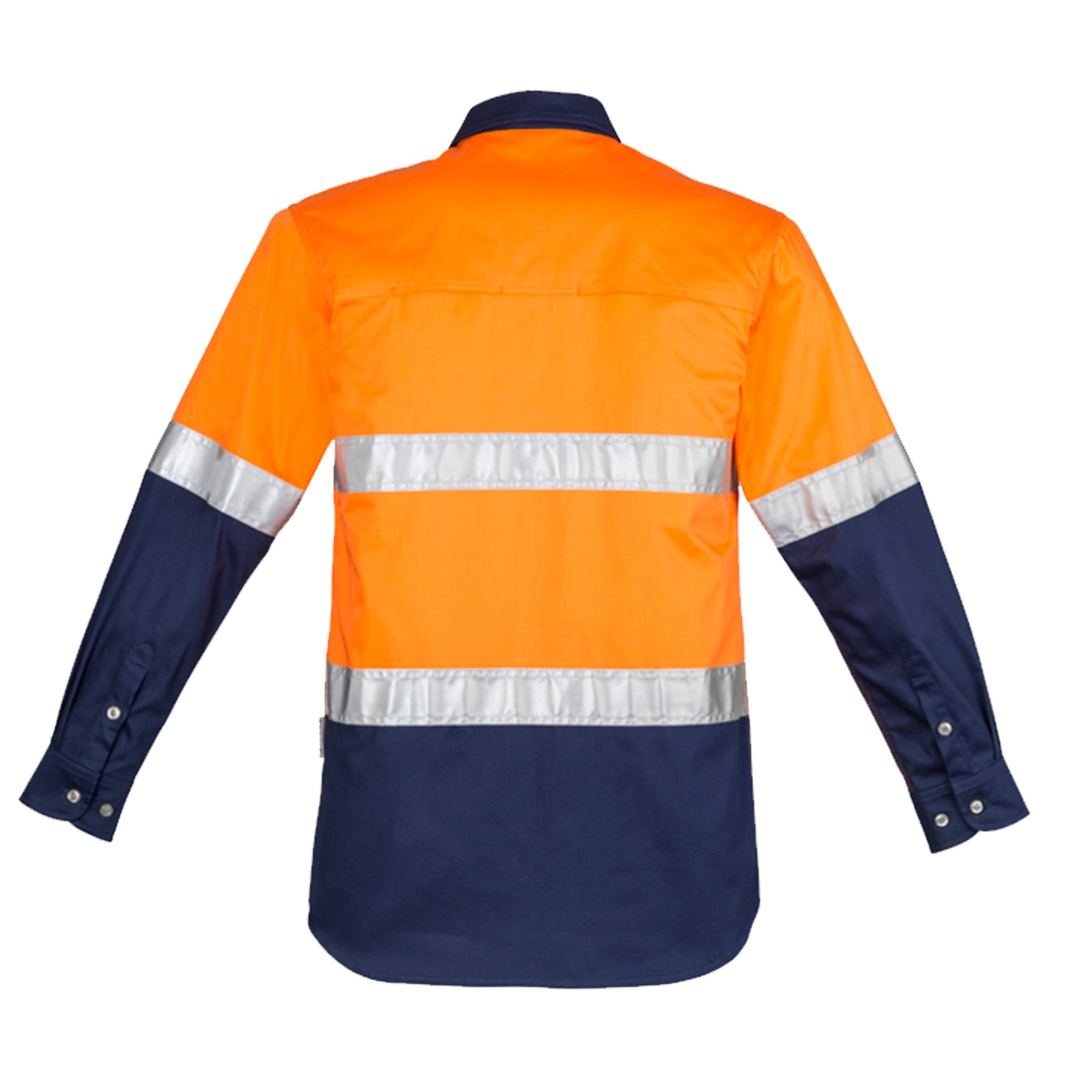 back of mens hi vis spliced hoop taped industrial shirt in orange navy