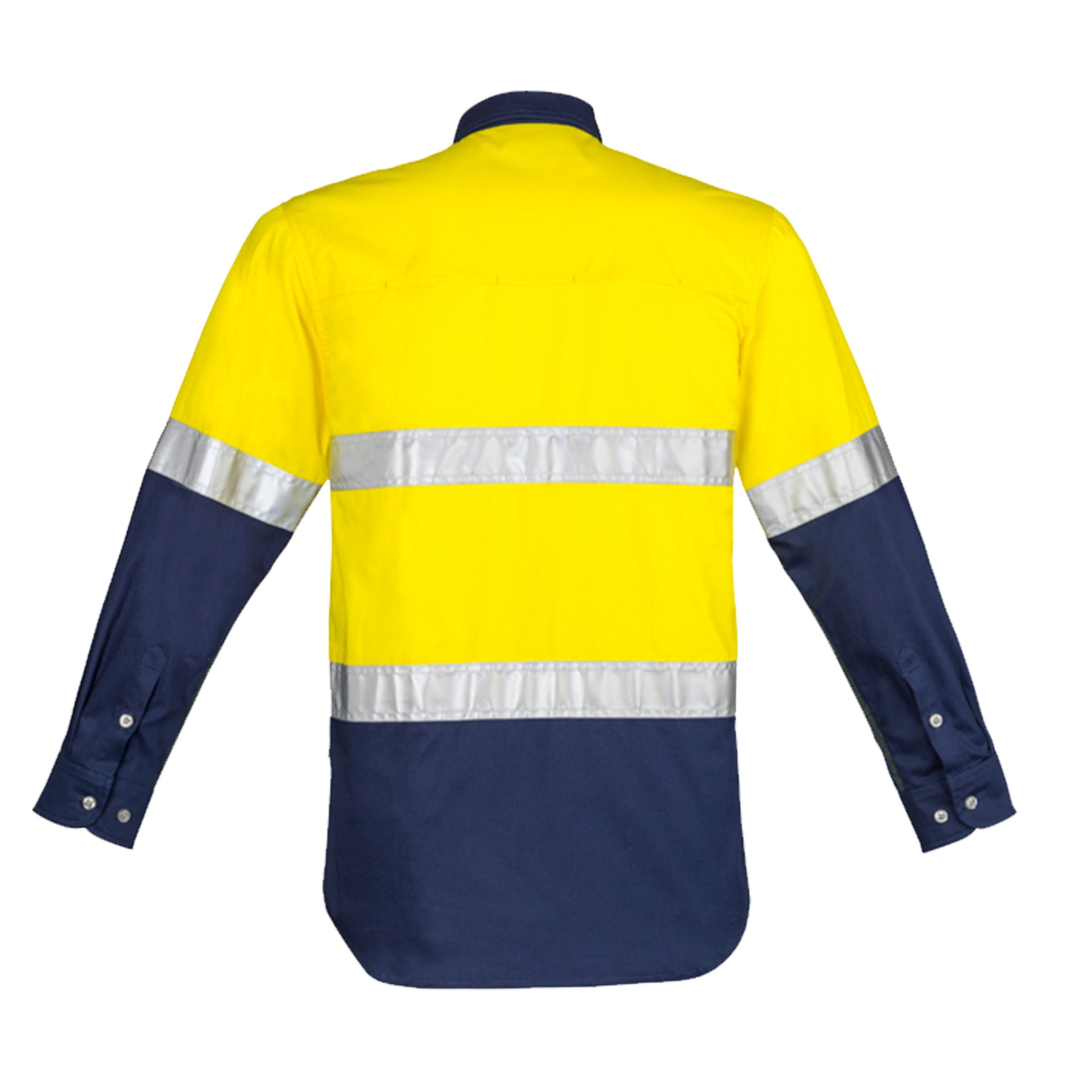 back of mens hi vis spliced hoop taped industrial shirt in yellow navy