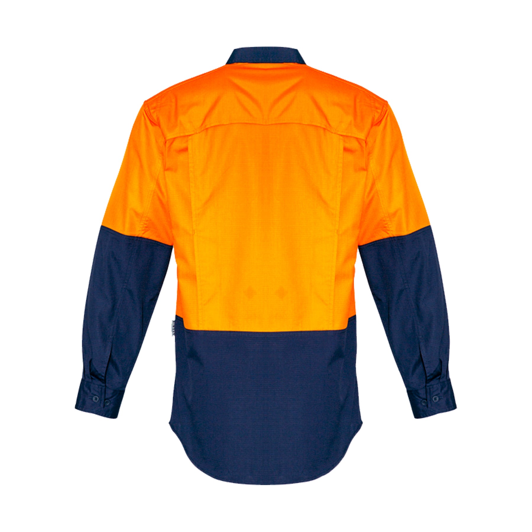 back of hi vis spliced rugged shirt in orange navy