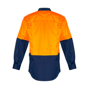 back of hi vis spliced rugged shirt in orange navy