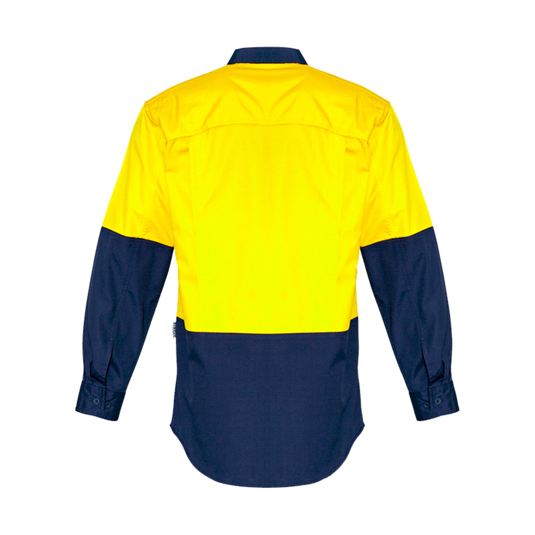 back of hi vis spliced rugged shirt in yellow navy