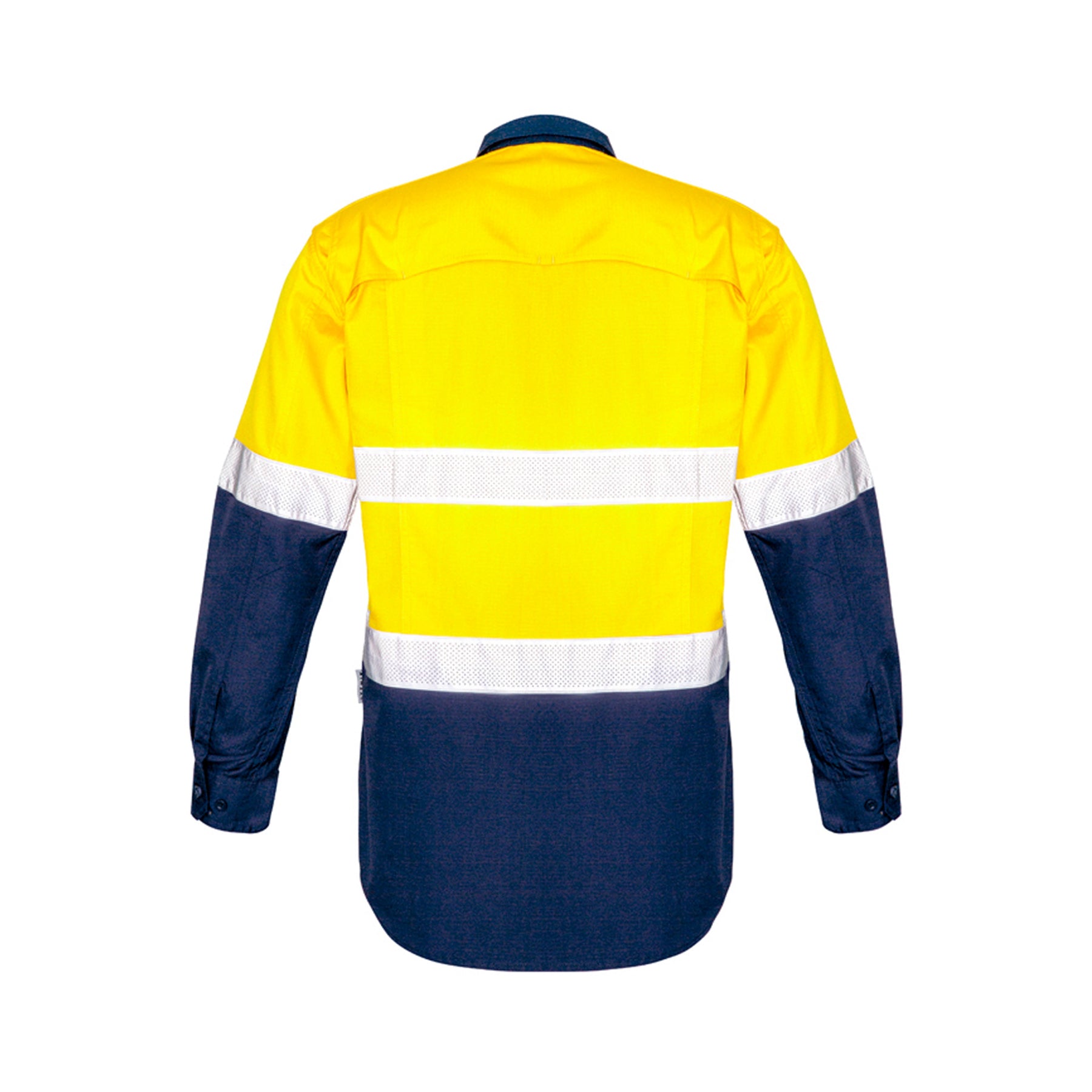 back of hi vis long sleeve hoop taped spliced rugged shirt in yellow navy