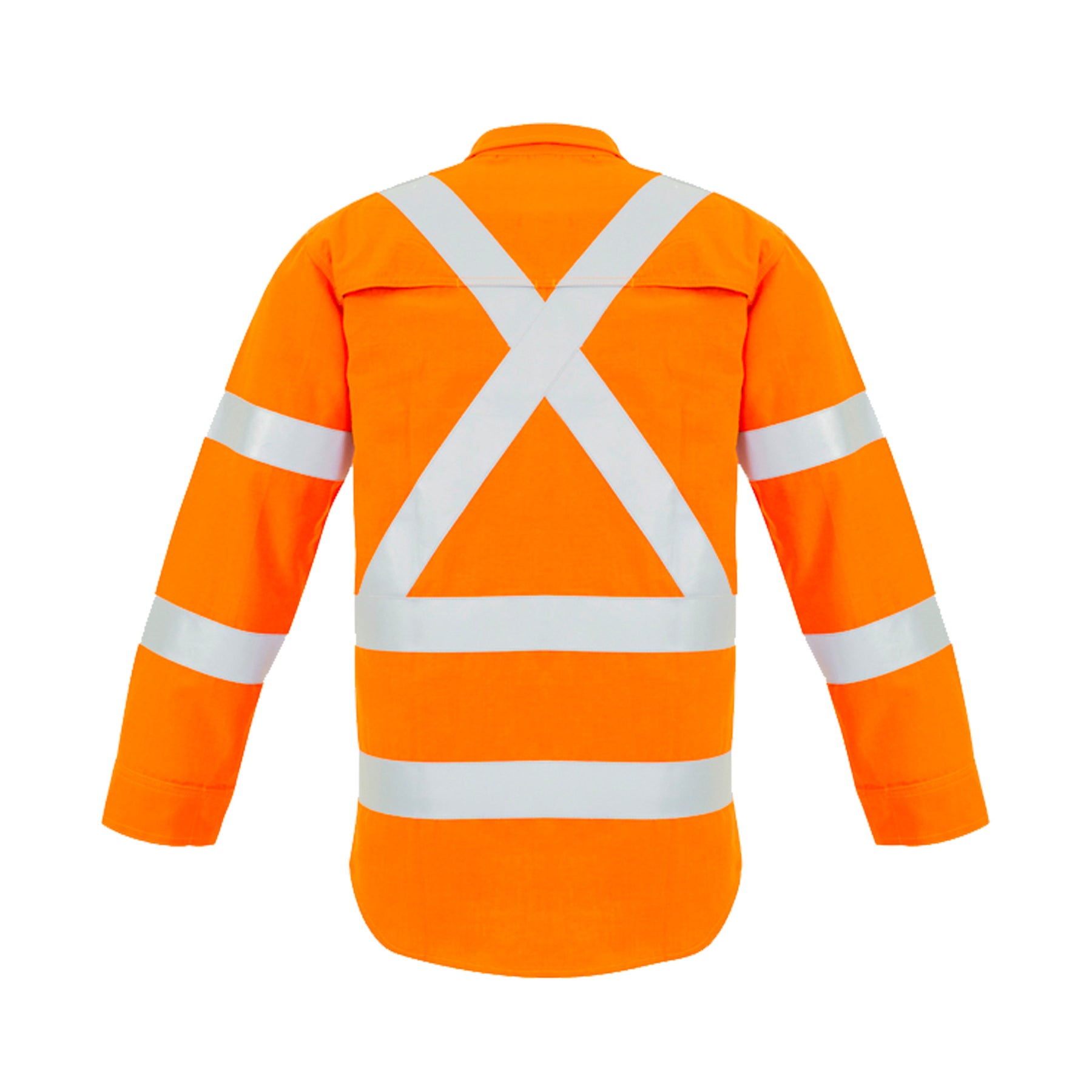 back of fr x back taped spliced shirt with metatech fabric in orange