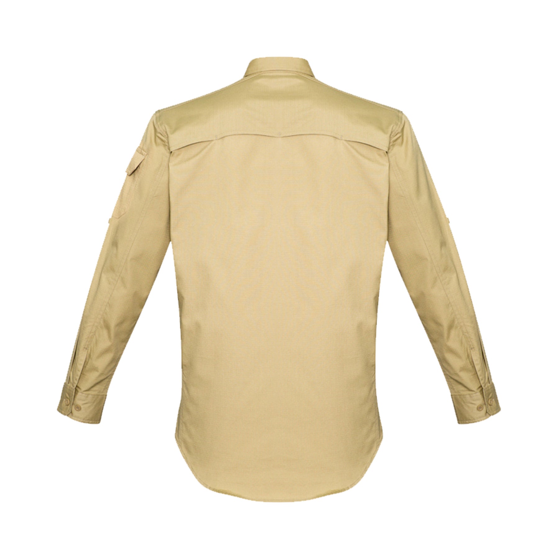 back of mens rugged long sleeve cooling shirt in khaki