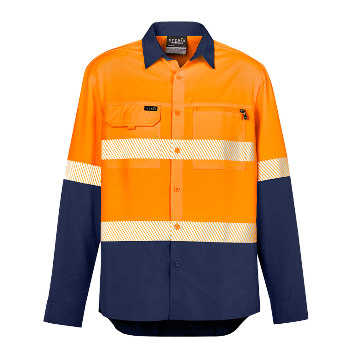 syzmik outdoor long sleeve shirt with segmented tape in orange navy