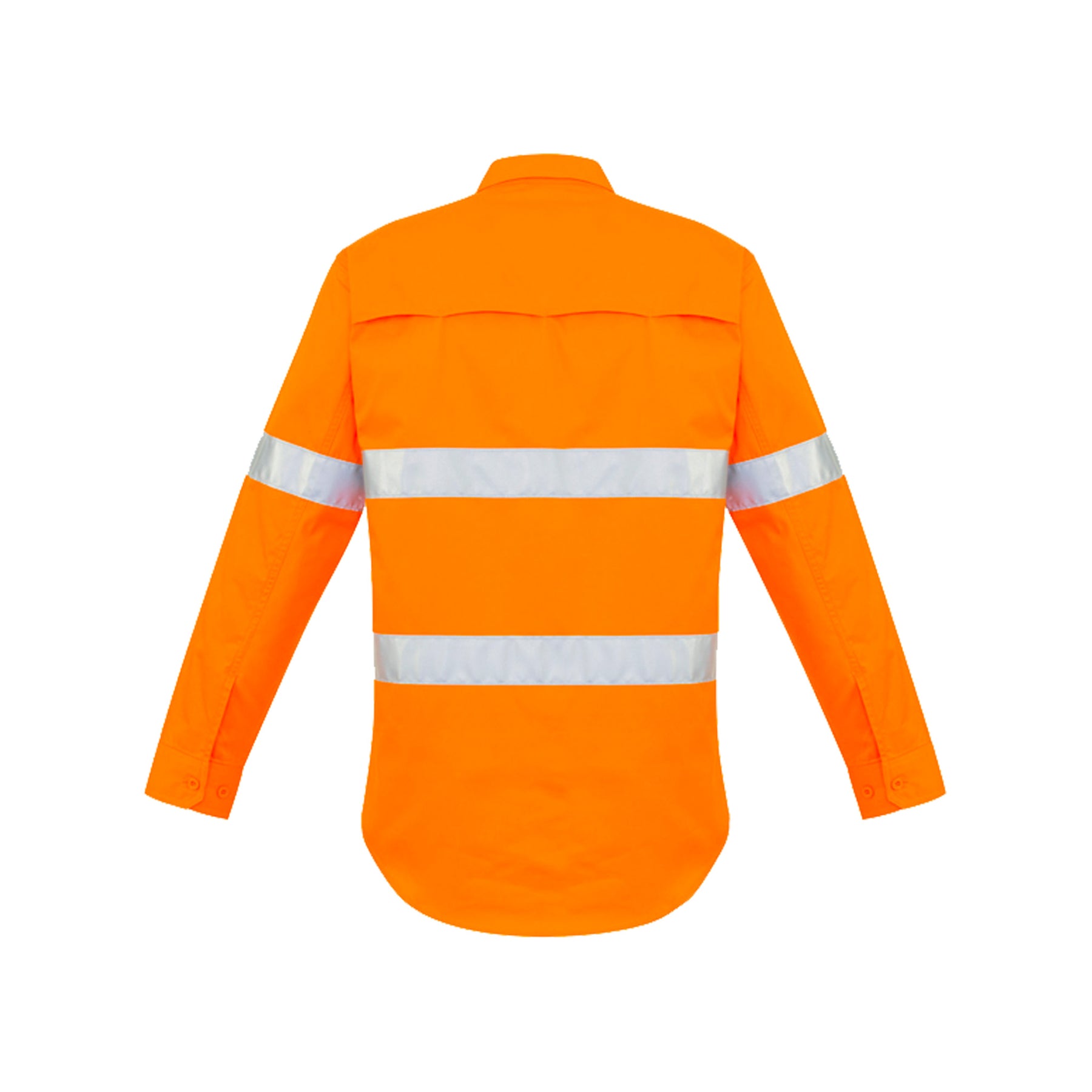 back of mens hi vis hoop taped long sleeve shirt in orange